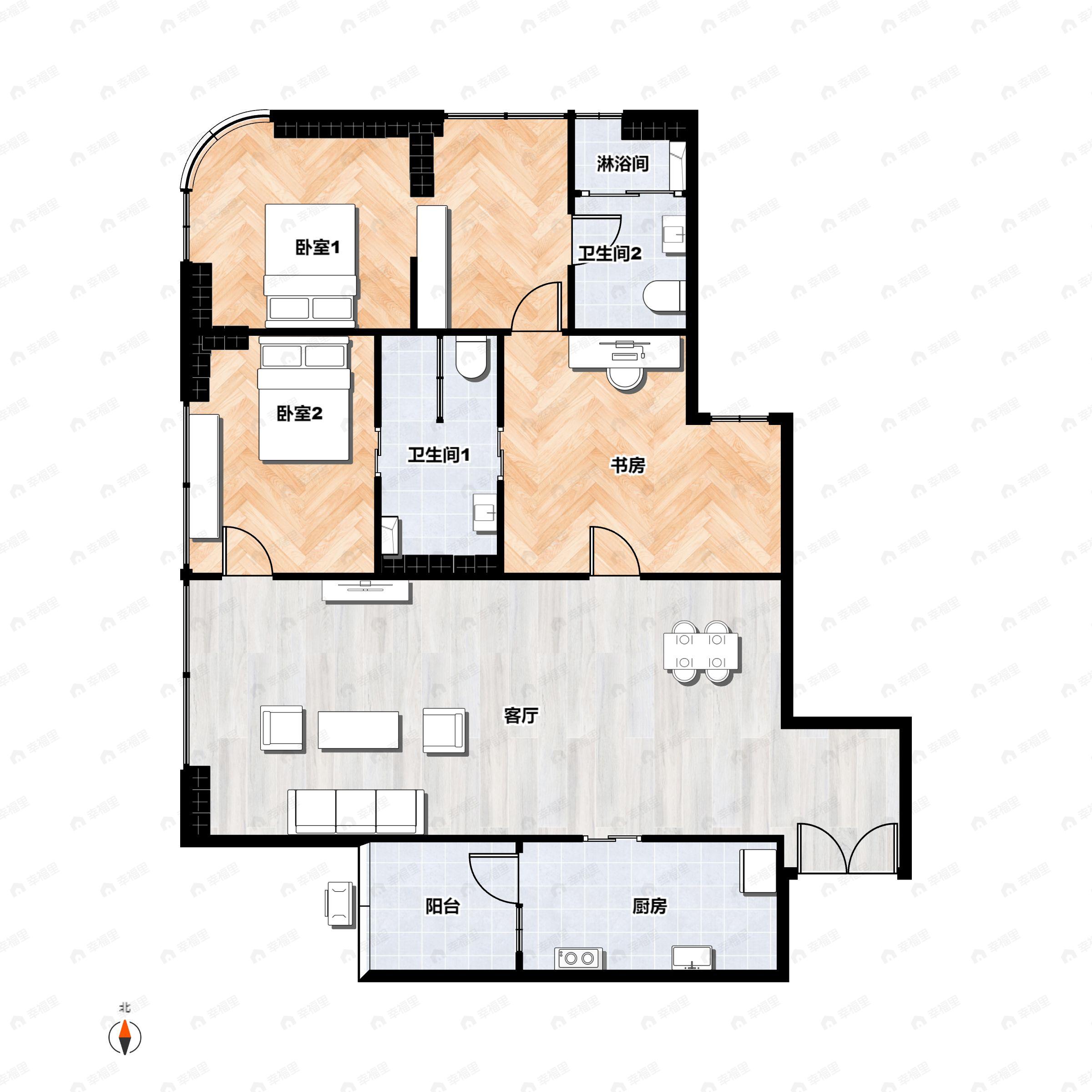 3室2厅2卫建面153平北|西北户型图