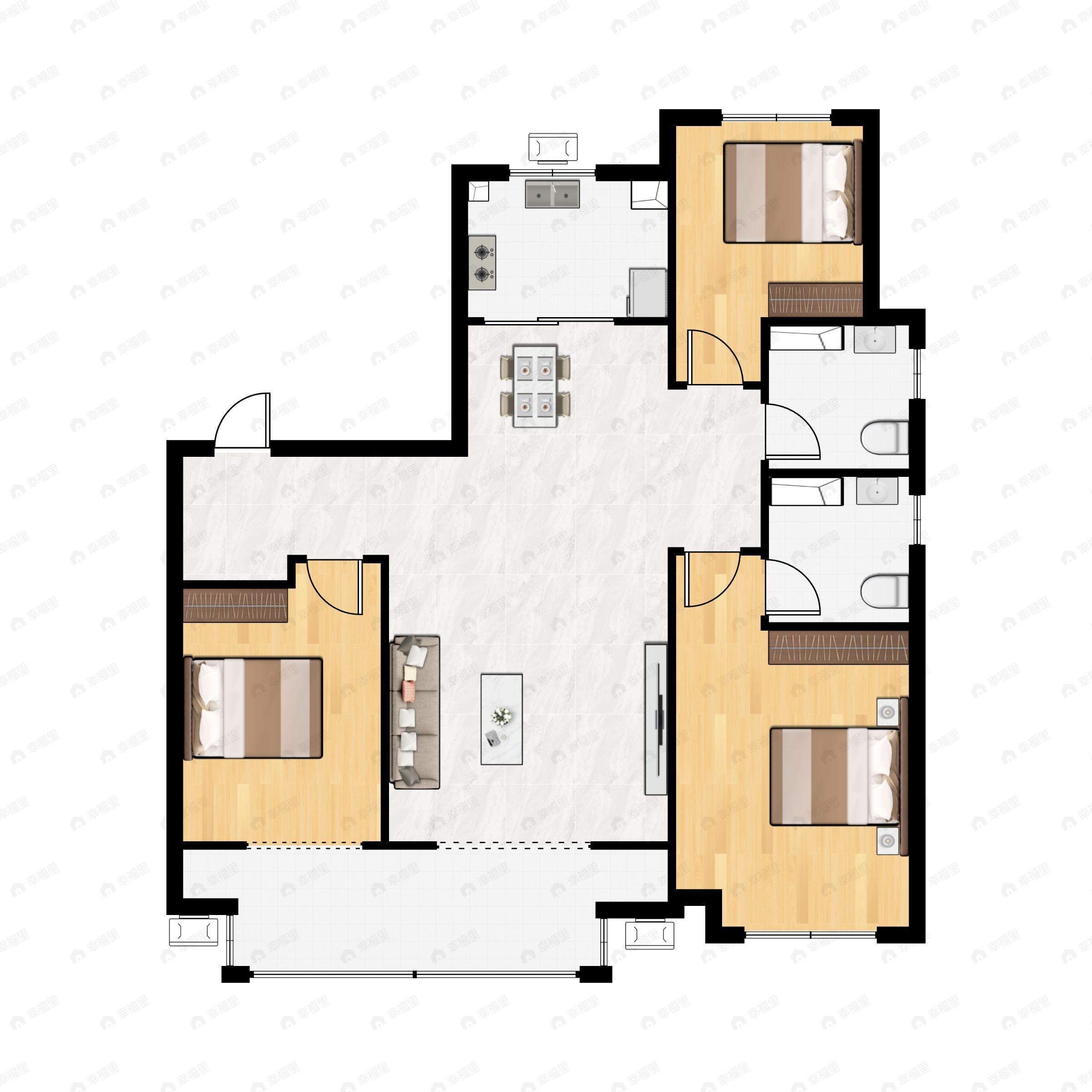 3室2厅2卫建面112m²南|北户型图