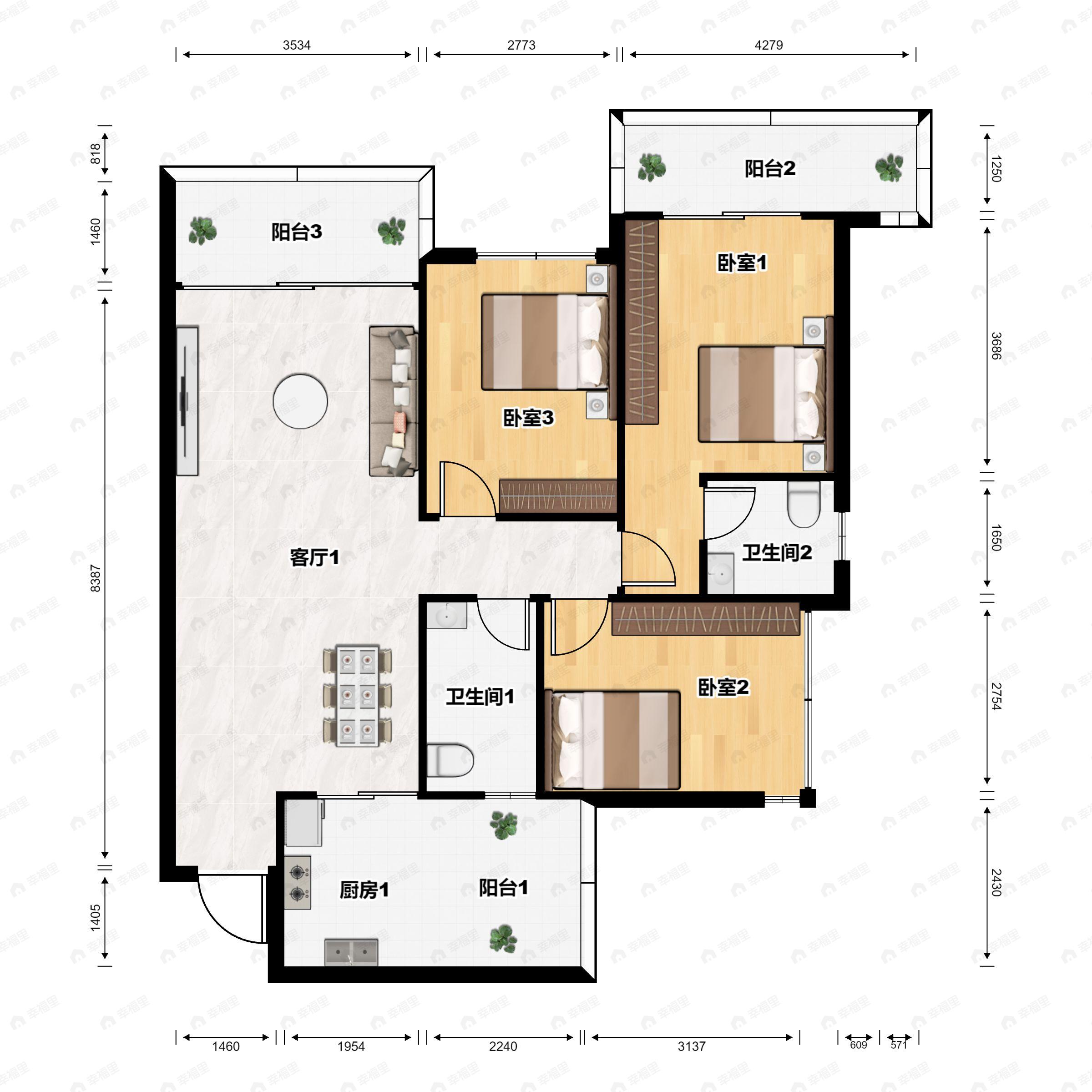 3室2厅2卫建面112平西户型图