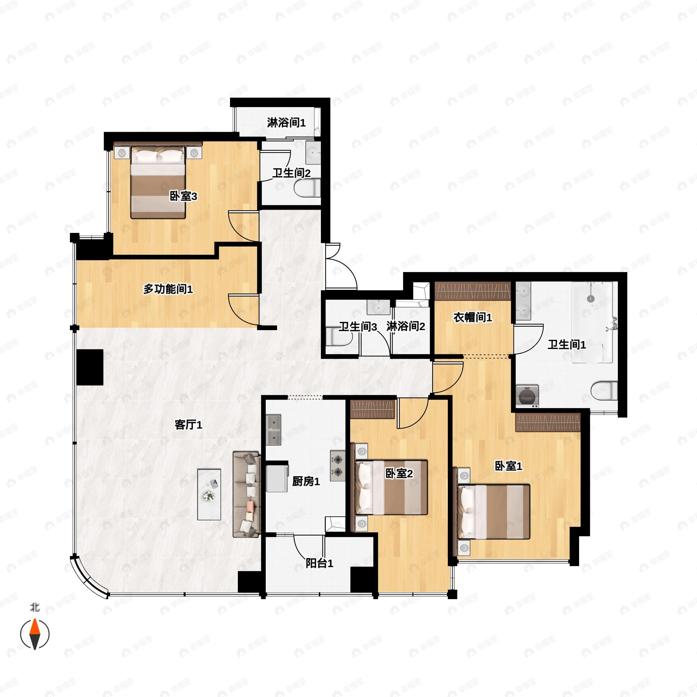 3室2厅3卫建面190m²南户型图