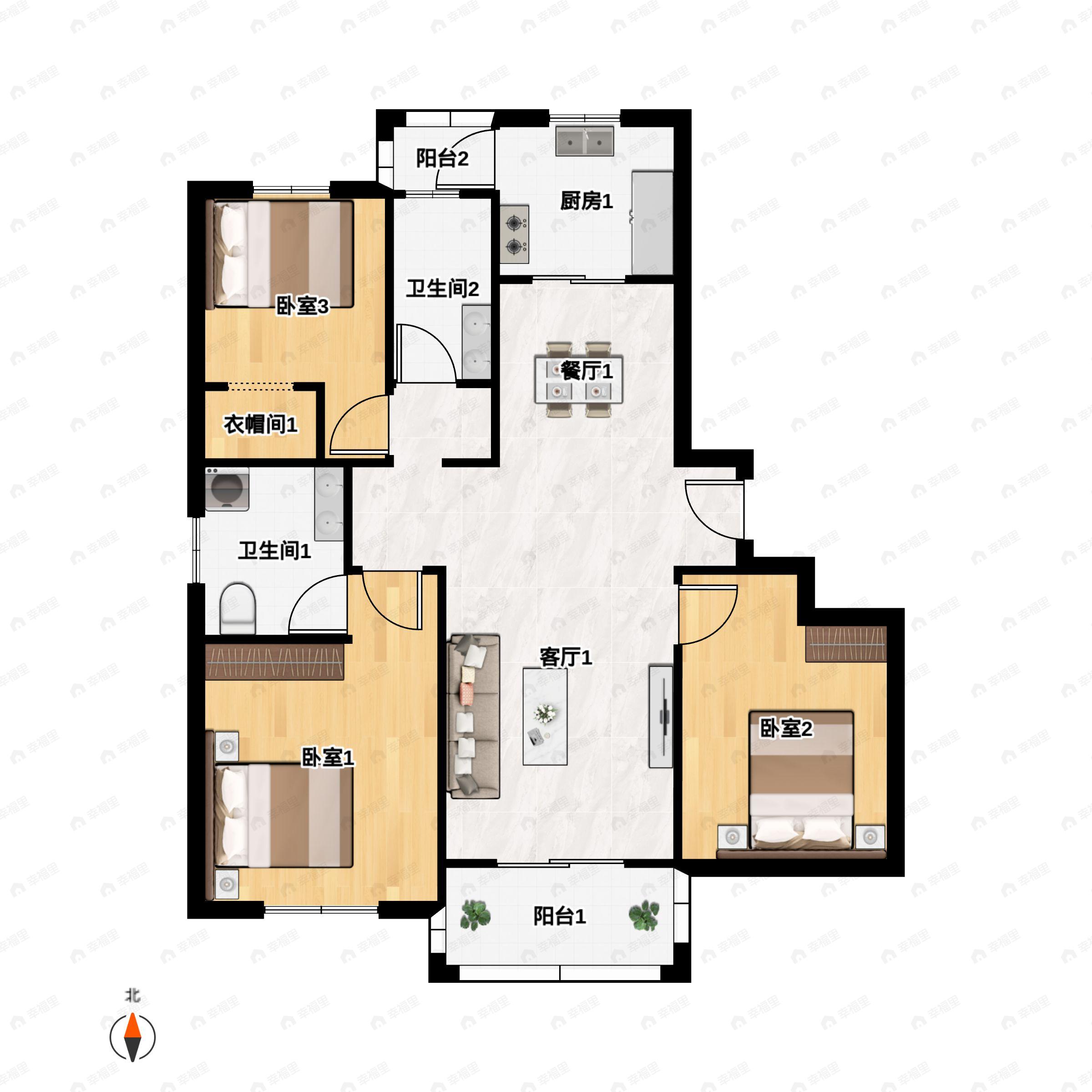 2室2厅2卫建面121平南户型图
