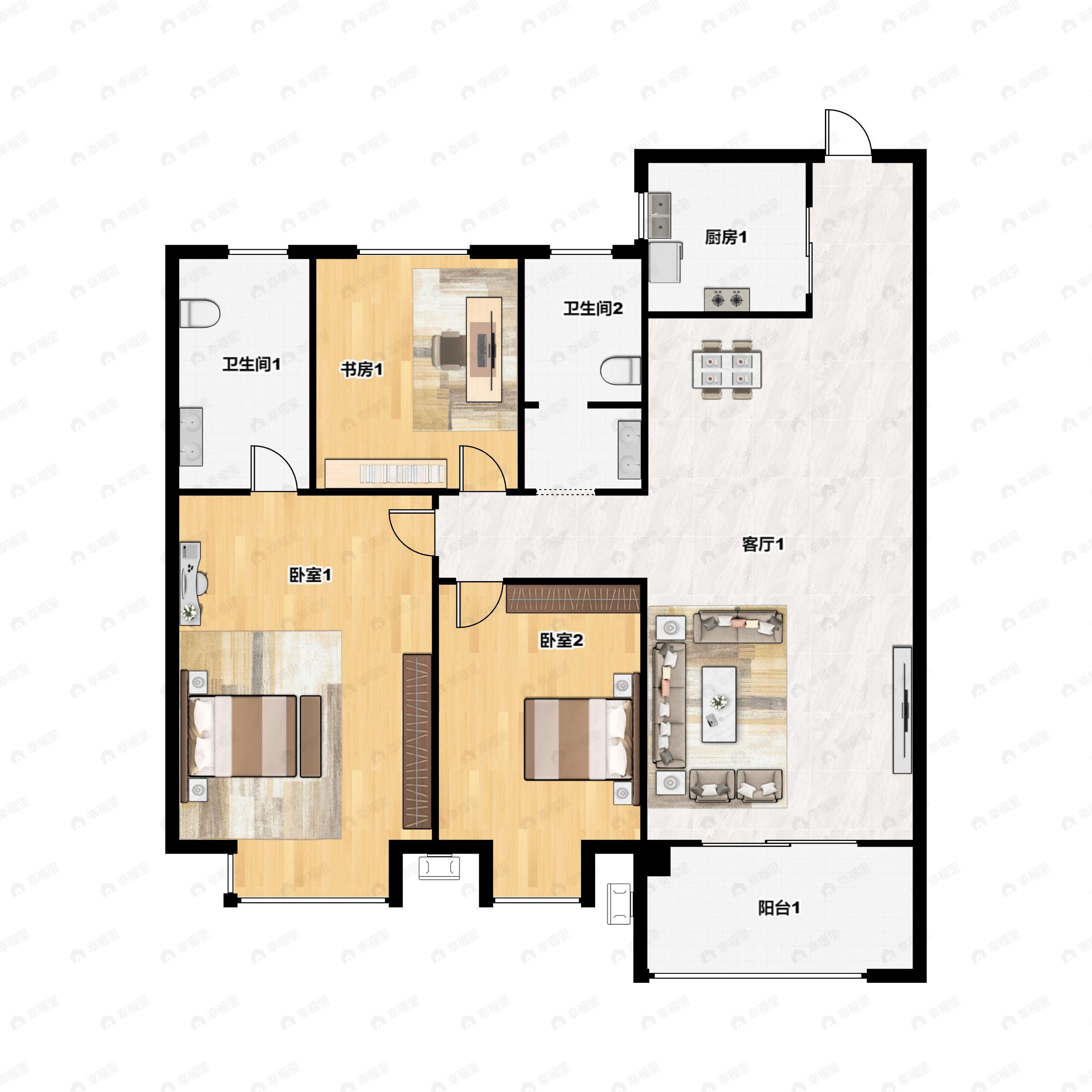 3室2厅2卫建面128m²南户型图