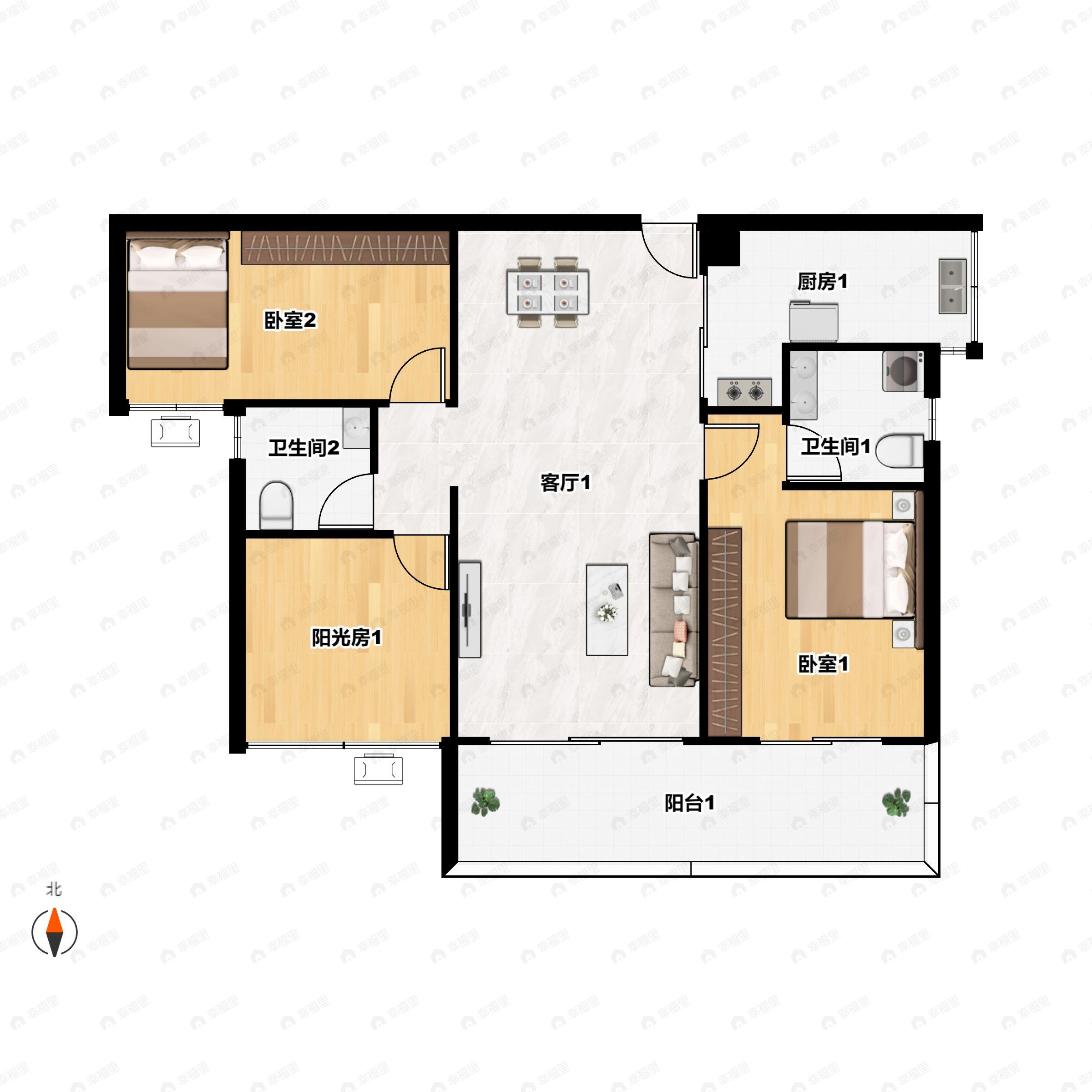 3室2厅2卫建面99平南户型图