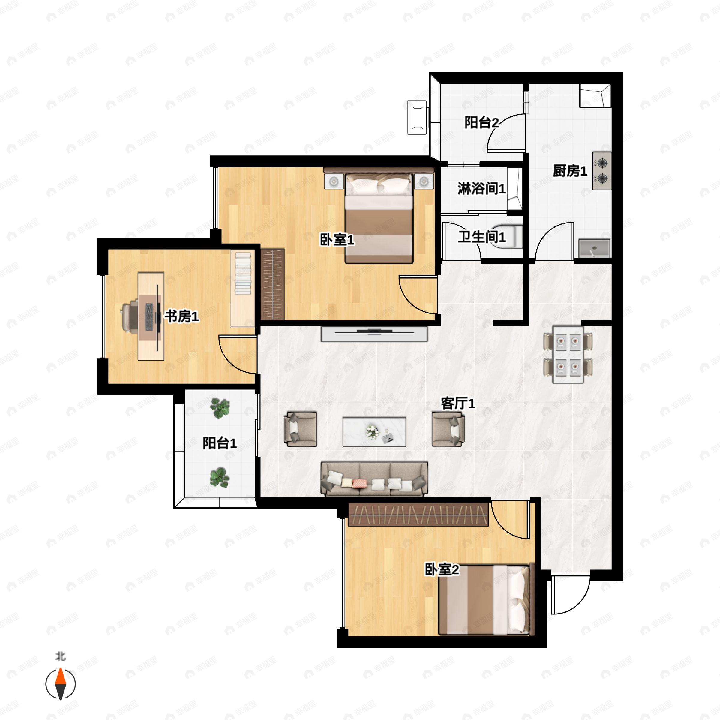 3室2厅2卫建面84平户型图