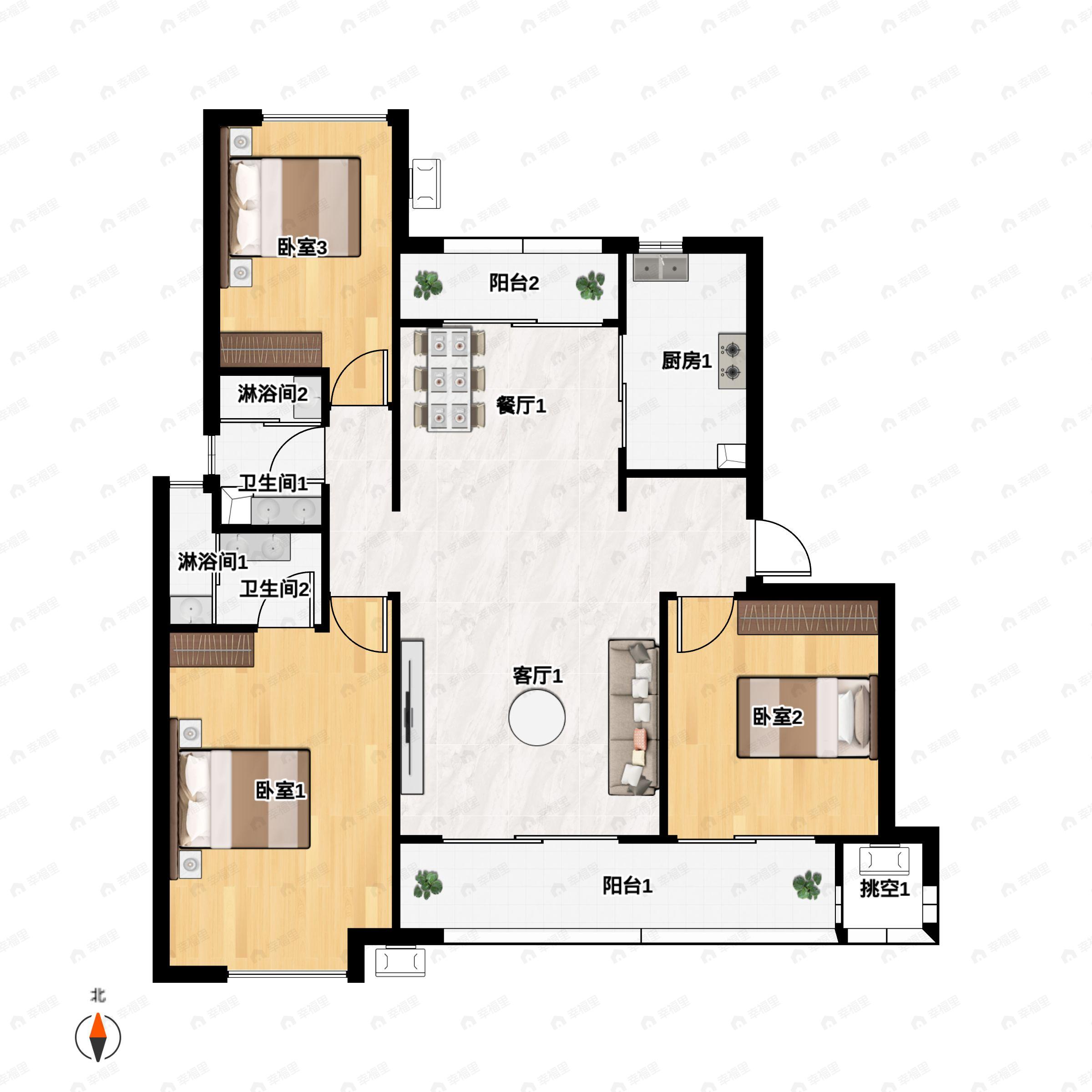 3室2厅2卫建面129平户型图