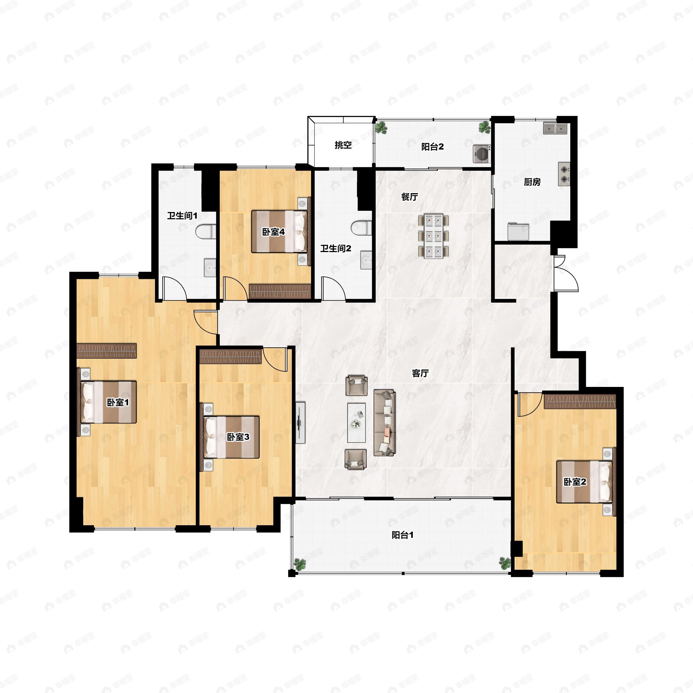4室2厅2卫建面158平南户型图