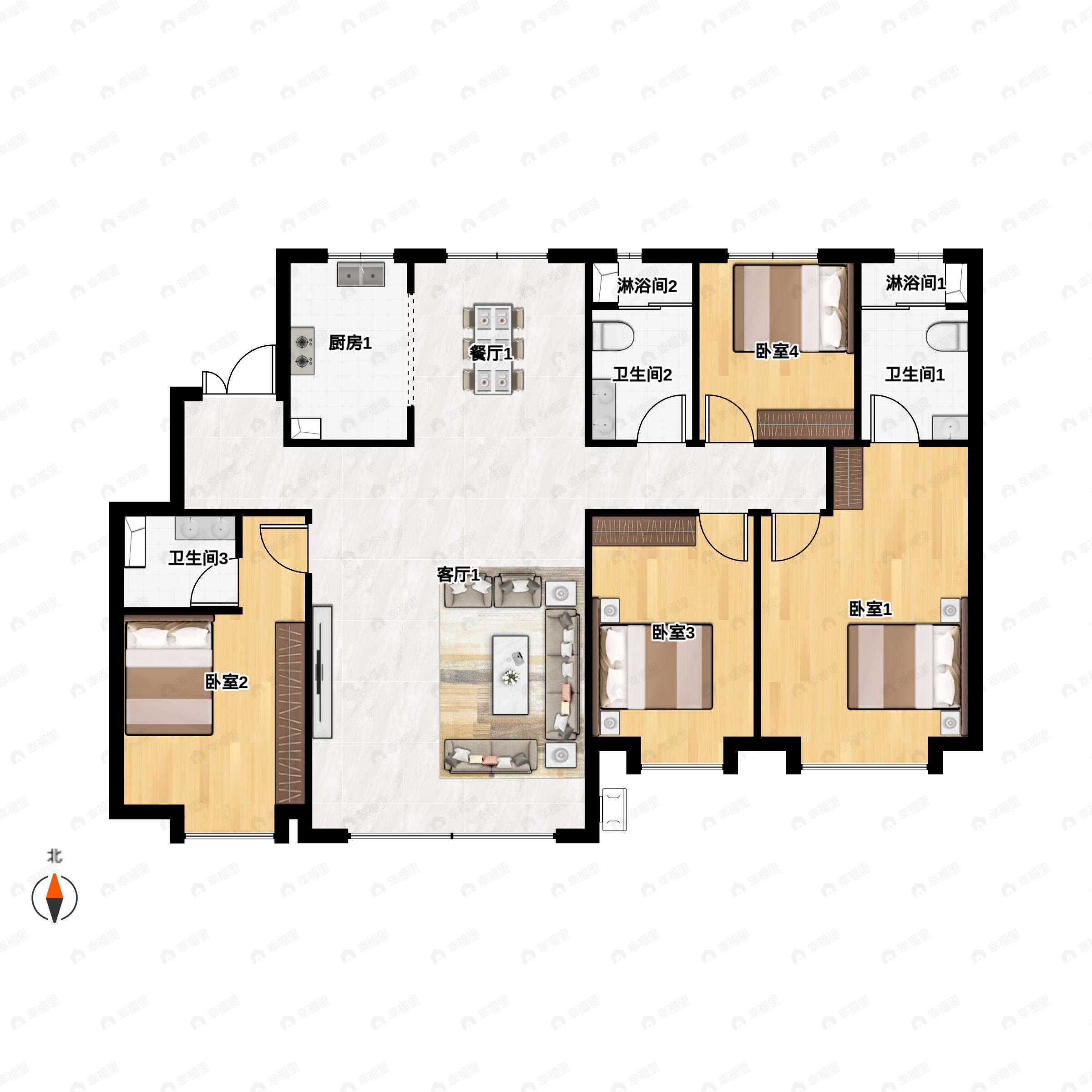 4室2厅3卫建面165平南|北户型图