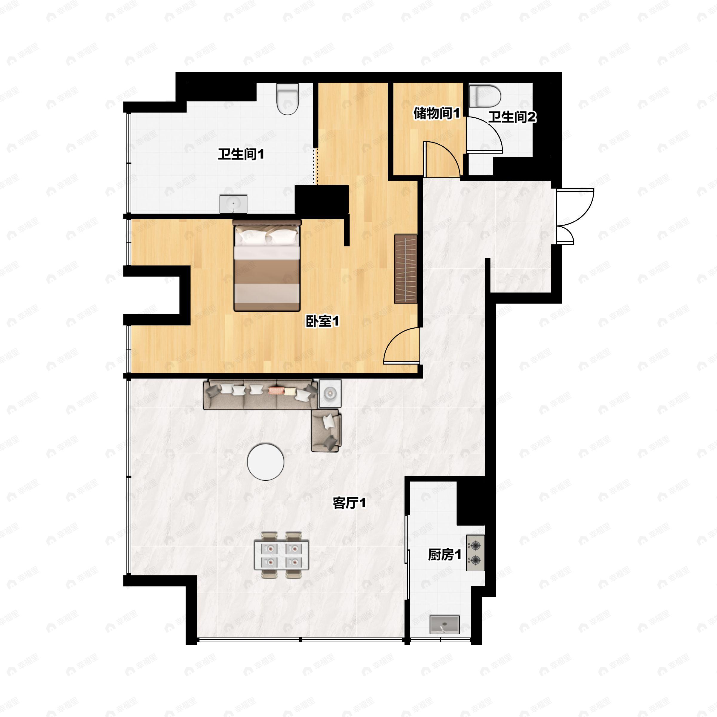 1室2厅2卫建面128平南|西户型图
