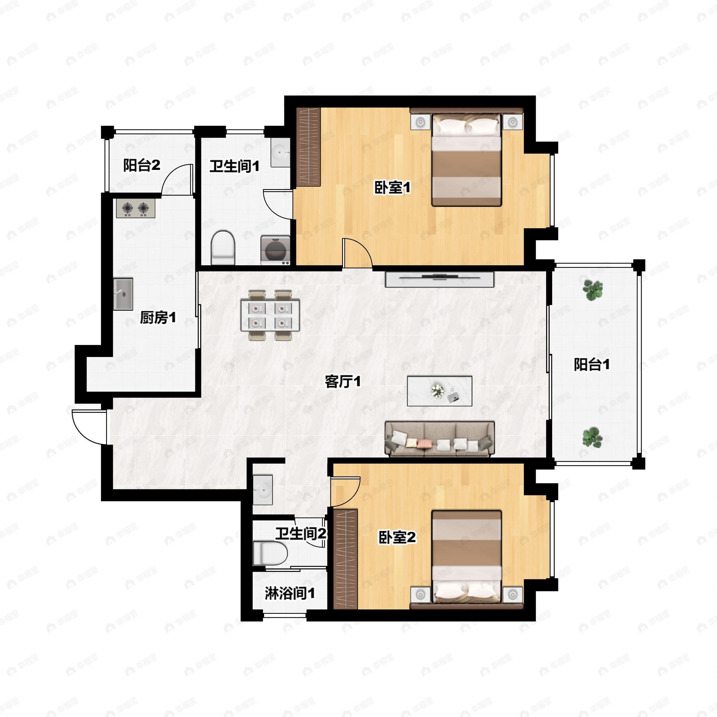 2室2厅1卫建面107平户型图
