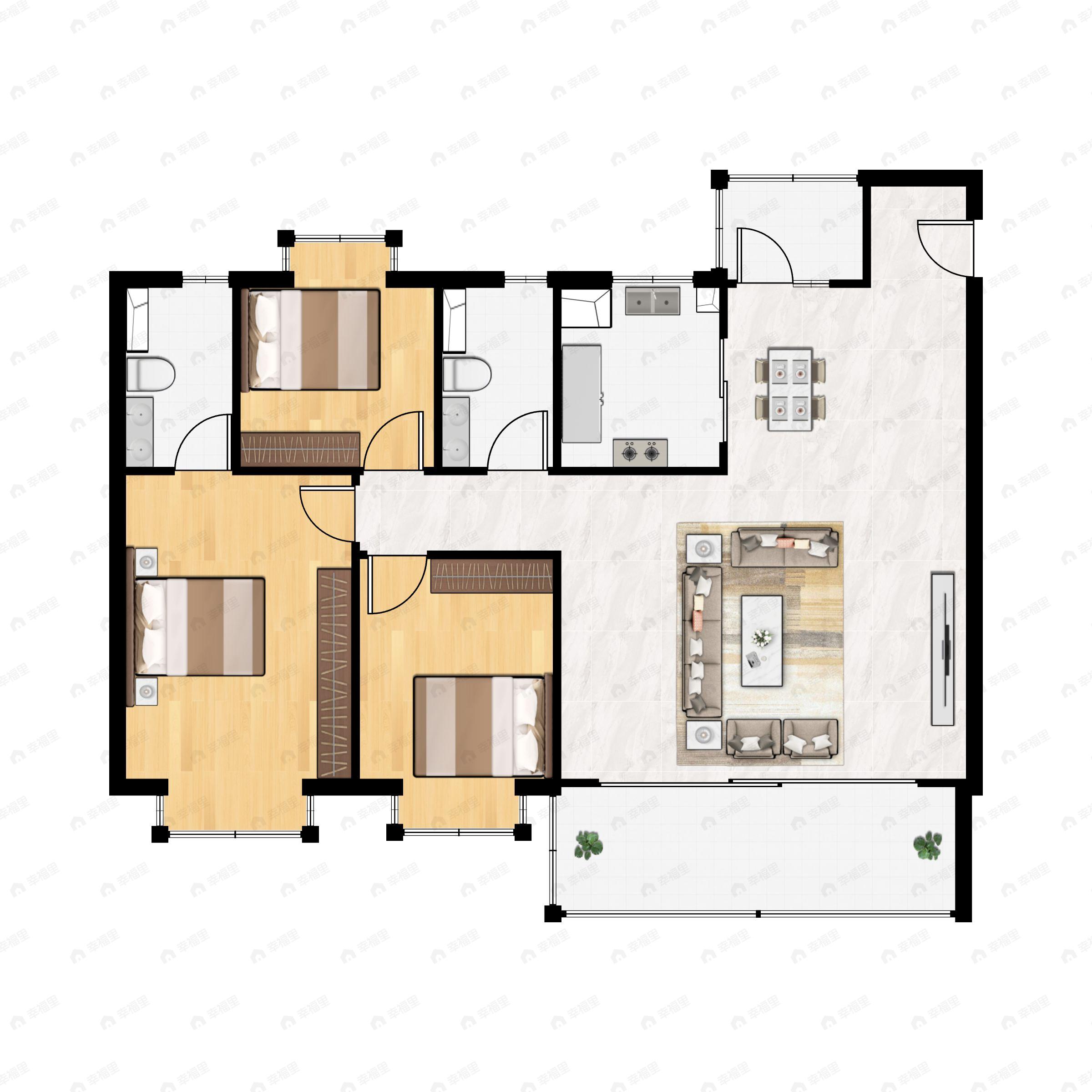3室2厅2卫建面128m²南户型图