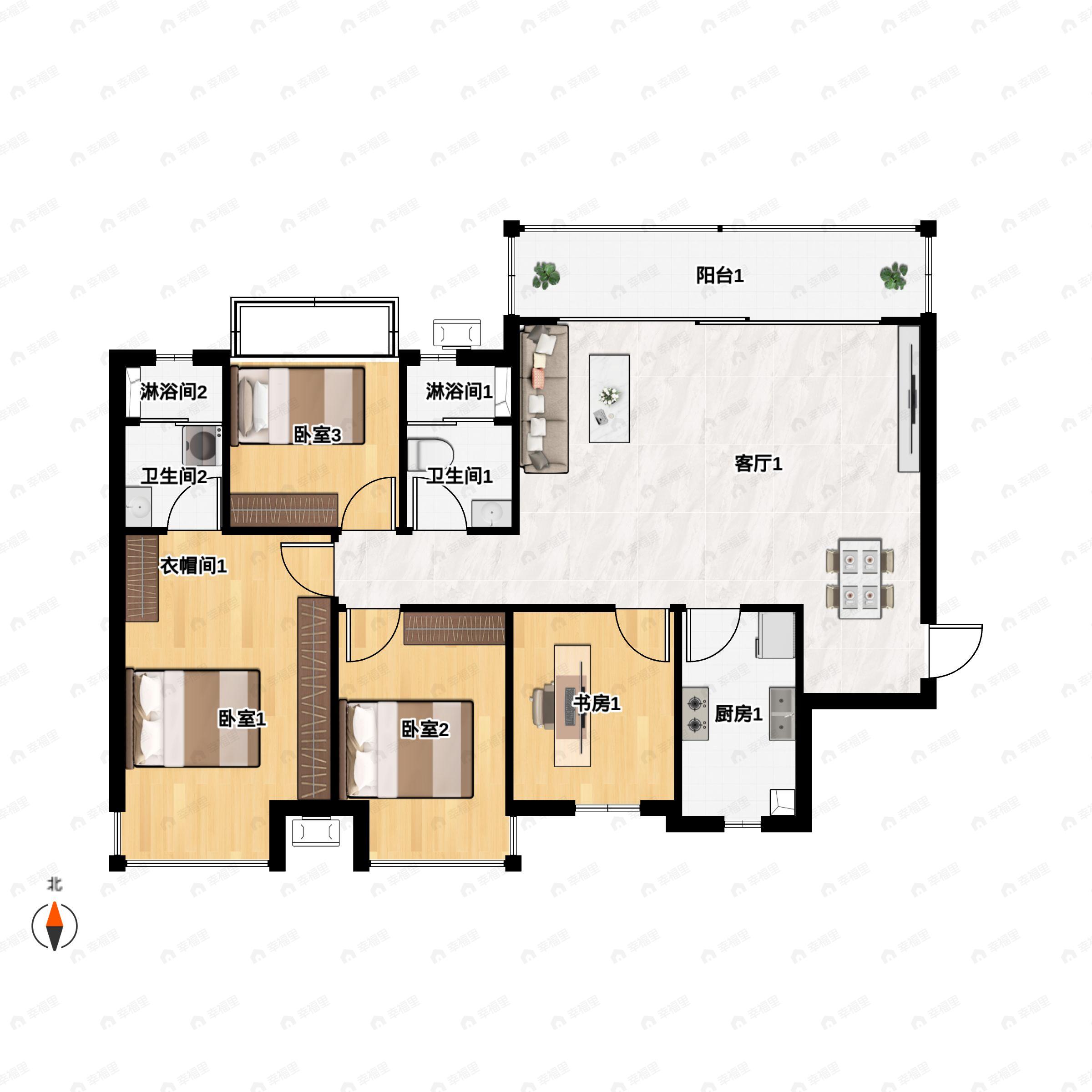 4室2厅2卫建面115平北户型图