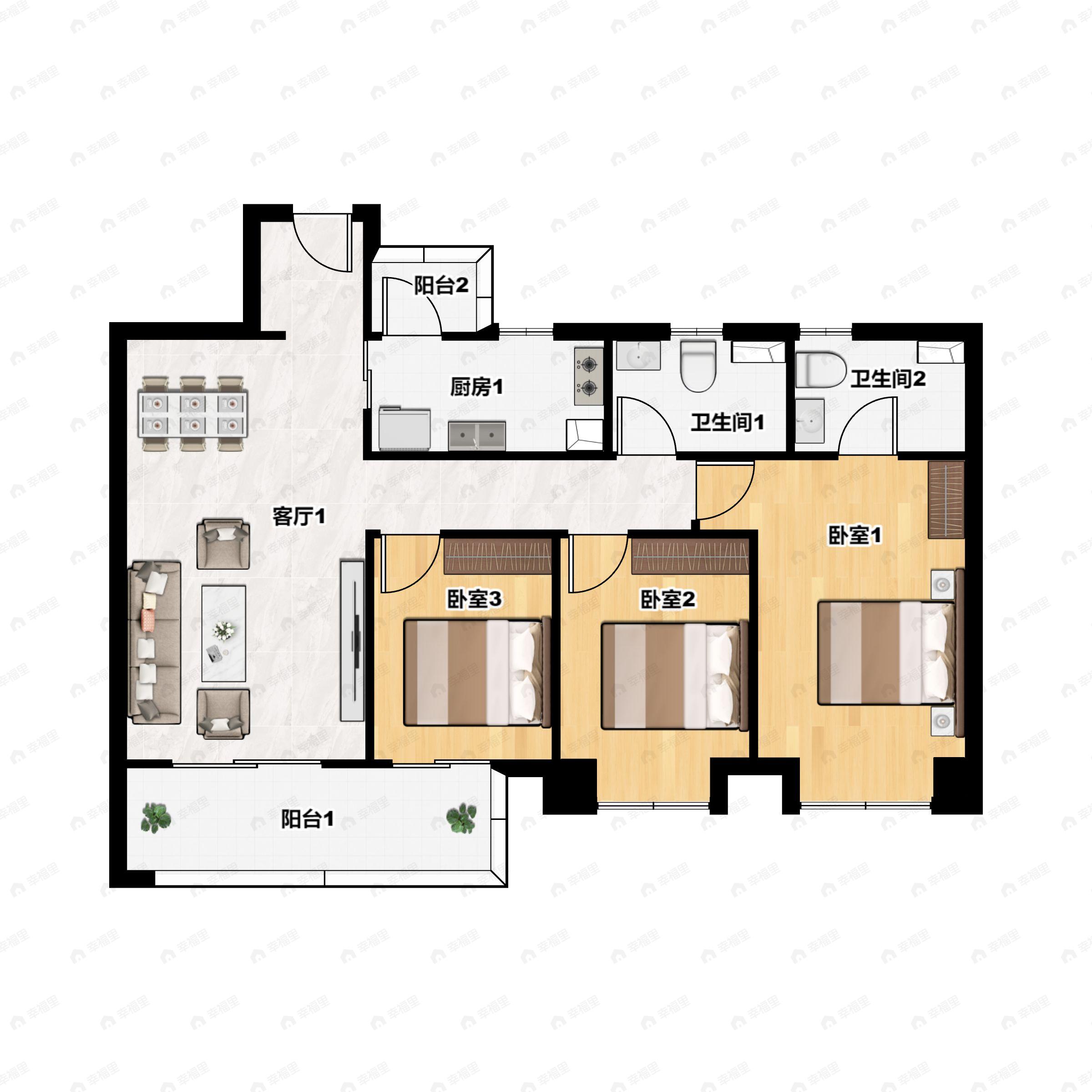 3室2厅2卫建面120m²南|北户型图