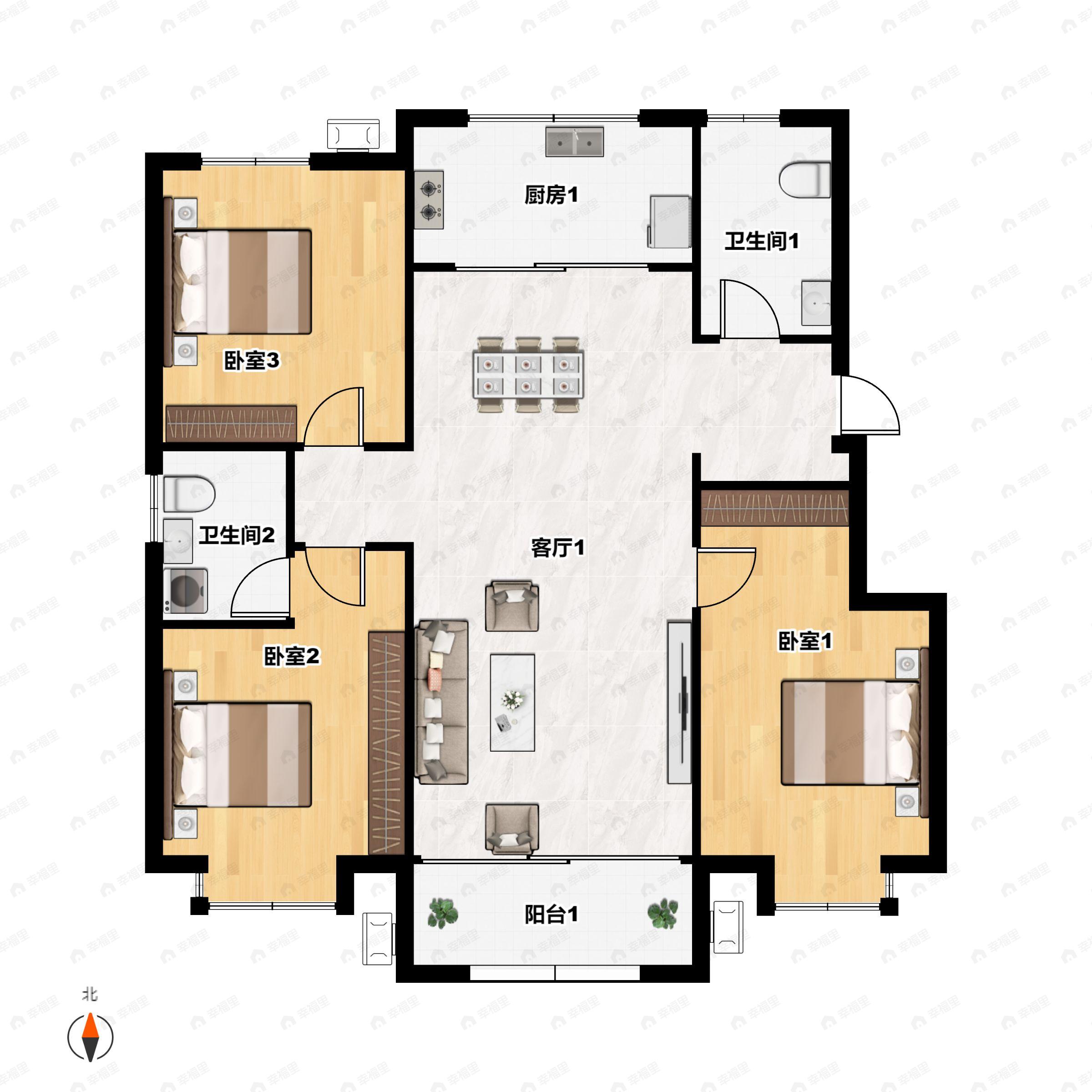 3室2厅2卫建面130m²南户型图
