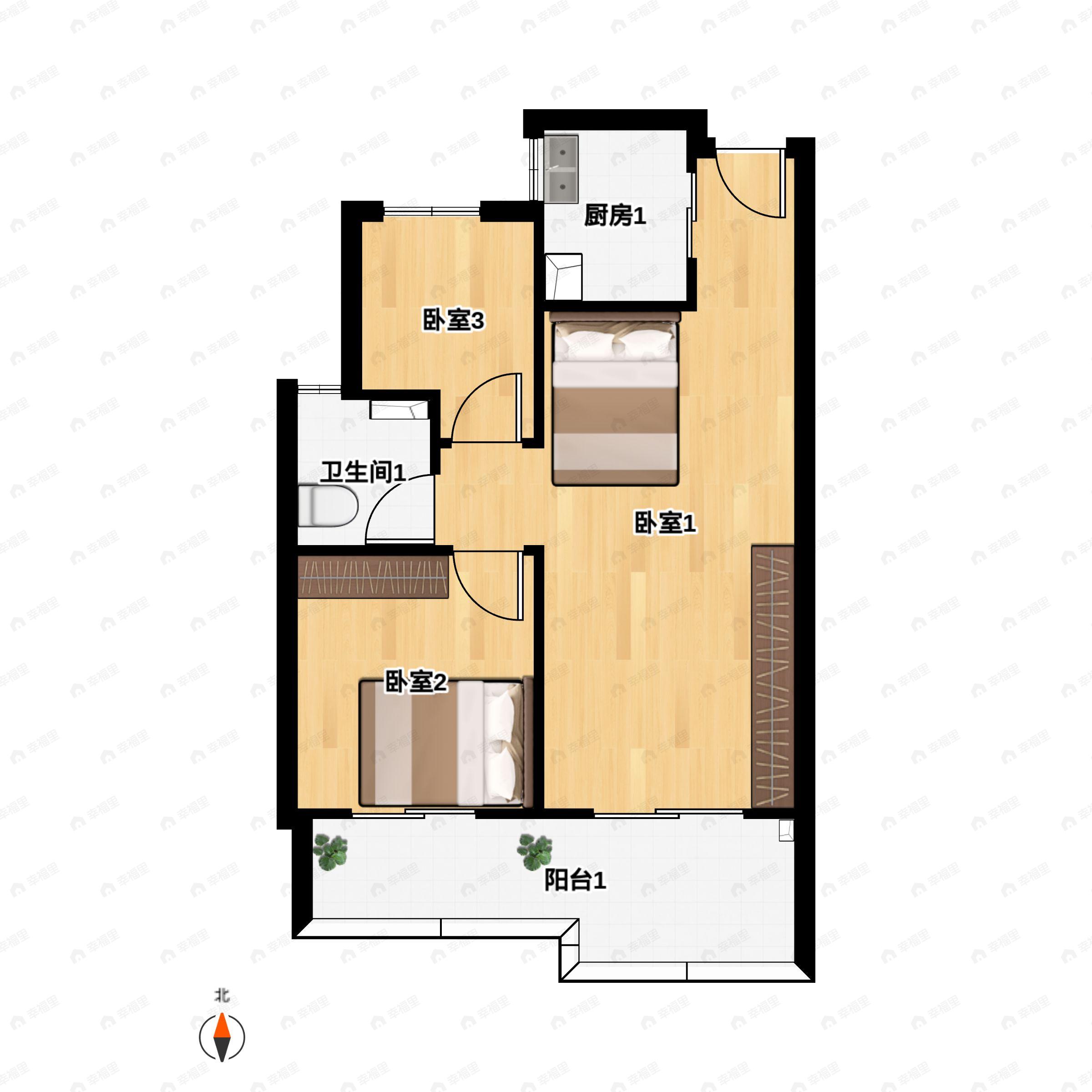 2室2厅1卫建面77m²南户型图