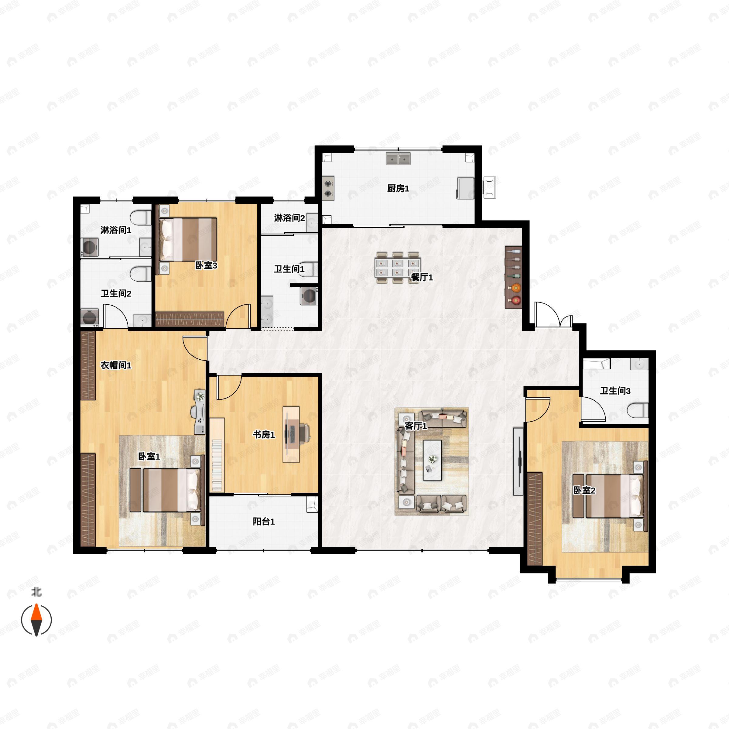 4室2厅3卫建面229平南|北户型图