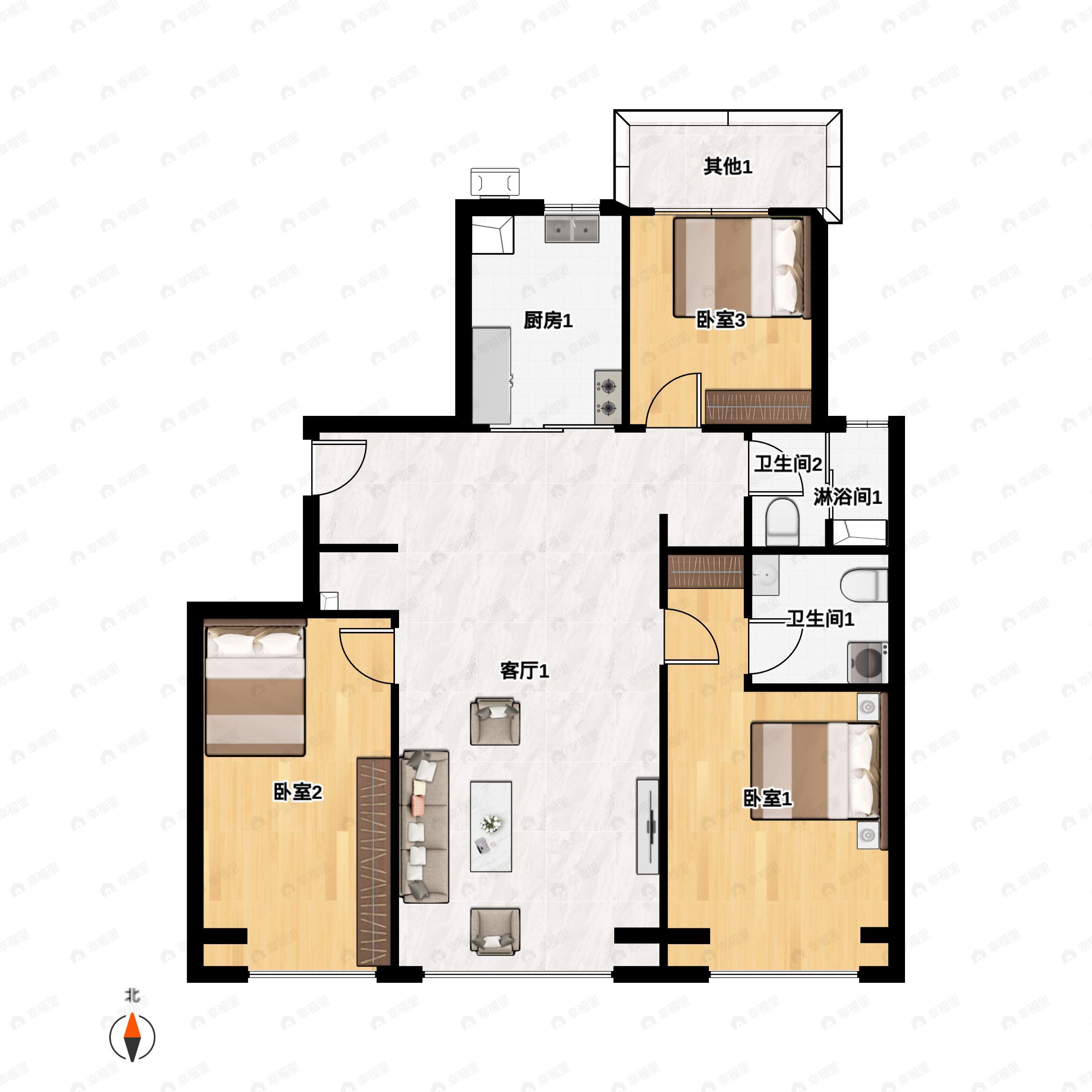 3室2厅2卫建面109平户型图