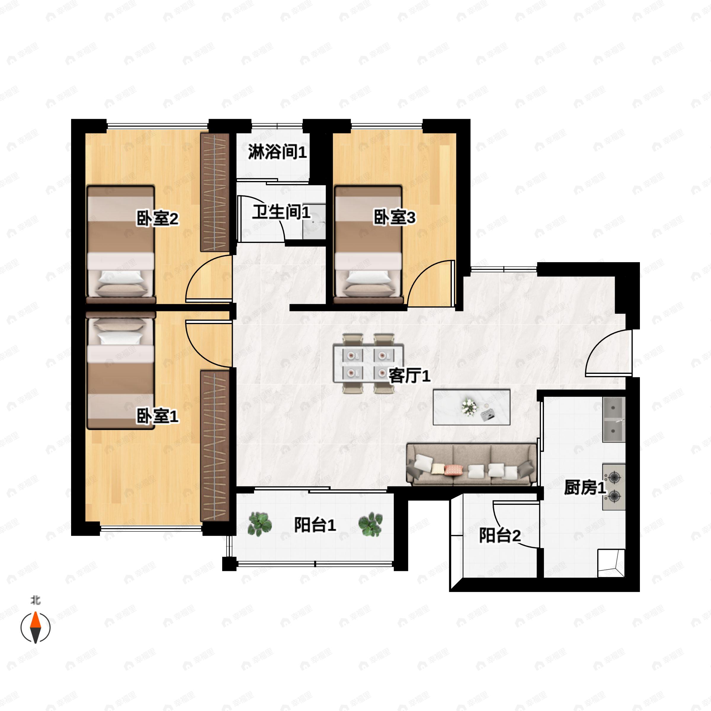 3室2厅1卫建面74平北户型图