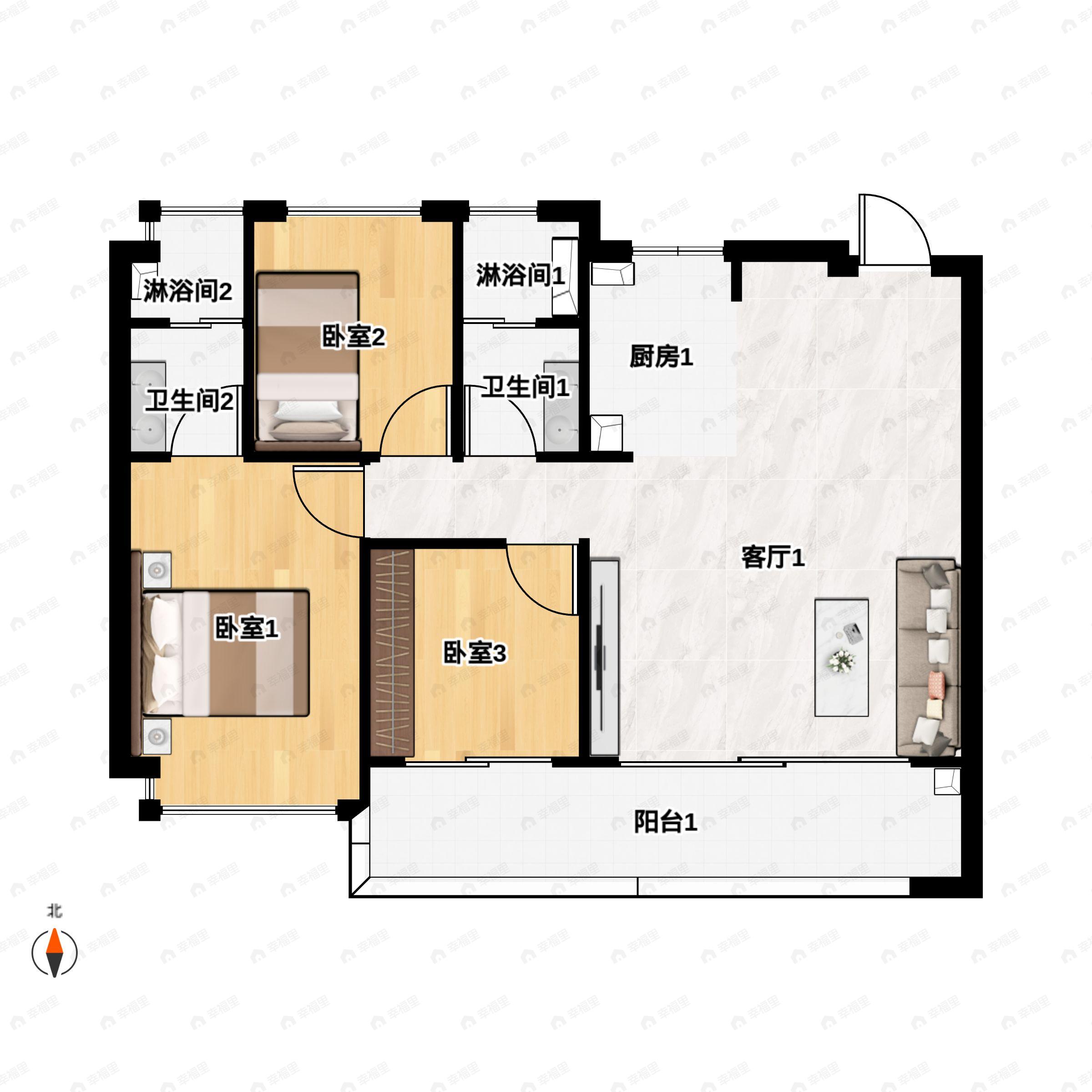 3室2厅2卫建面115平北|南户型图