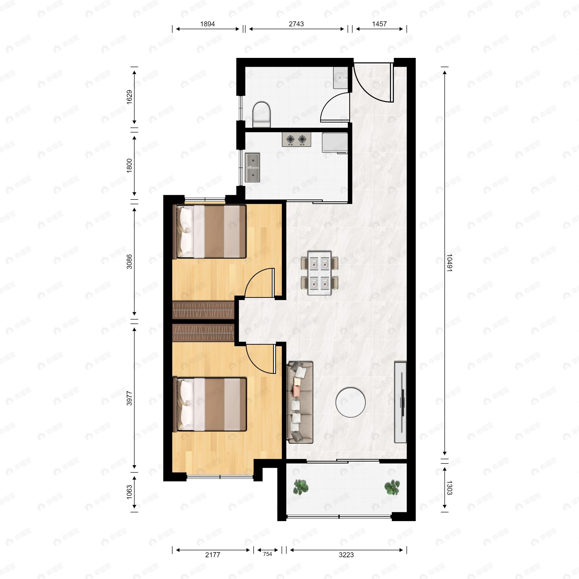 2室2厅1卫建面82m²南|北户型图