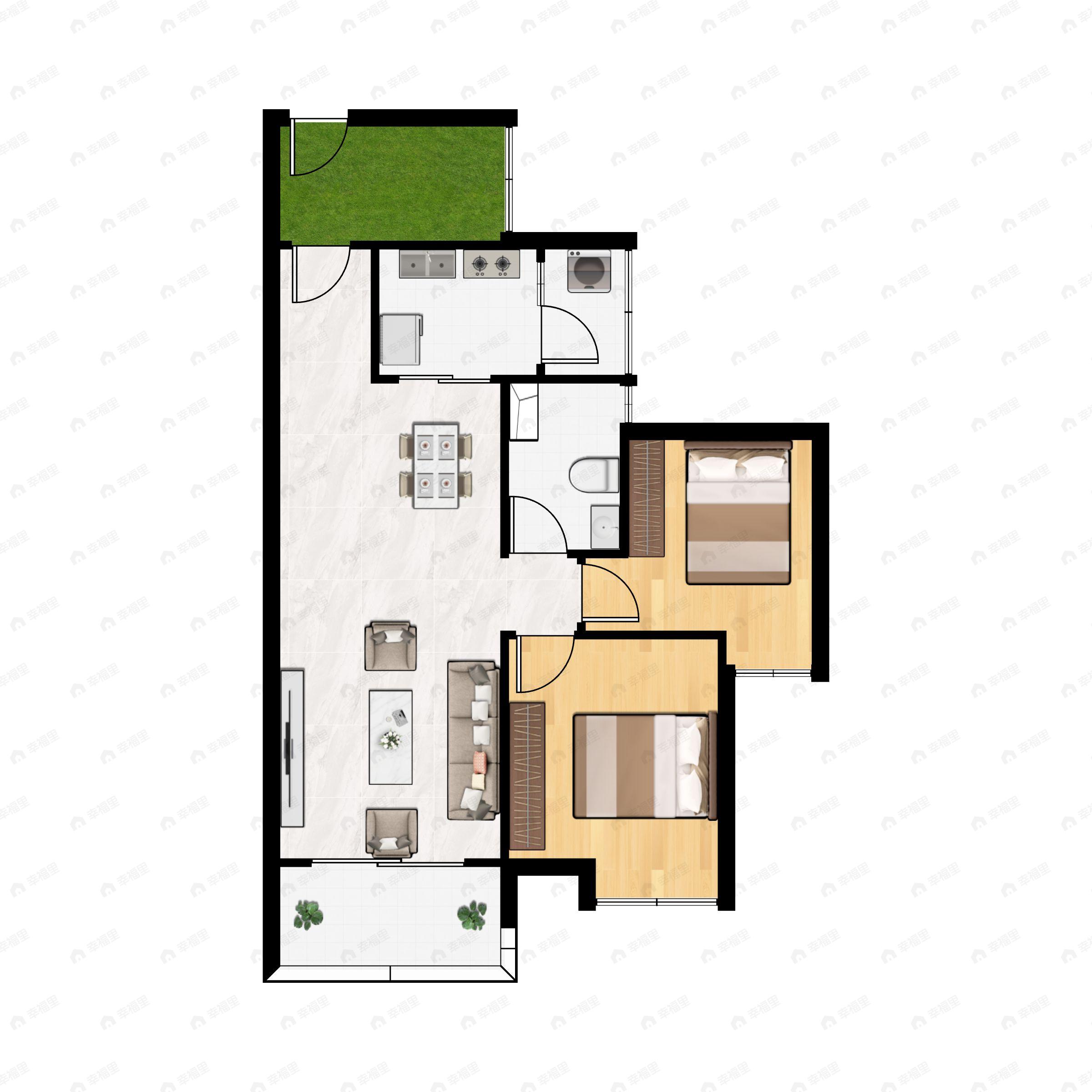2室2厅1卫建面77m²南户型图