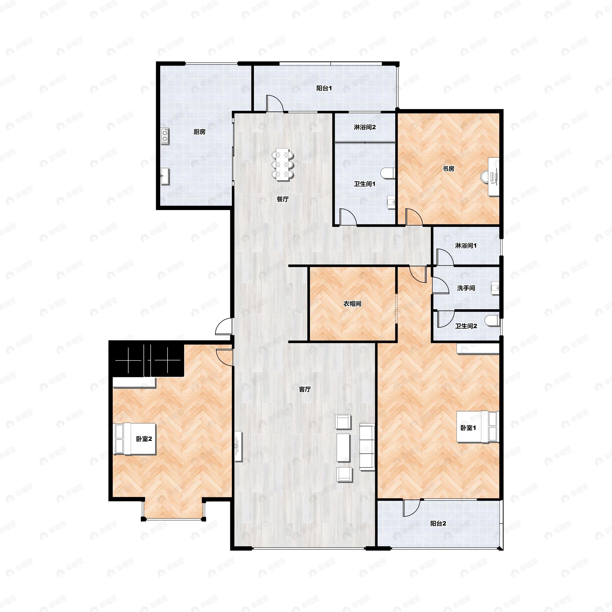 3室2厅2卫建面170平东|南|北户型图