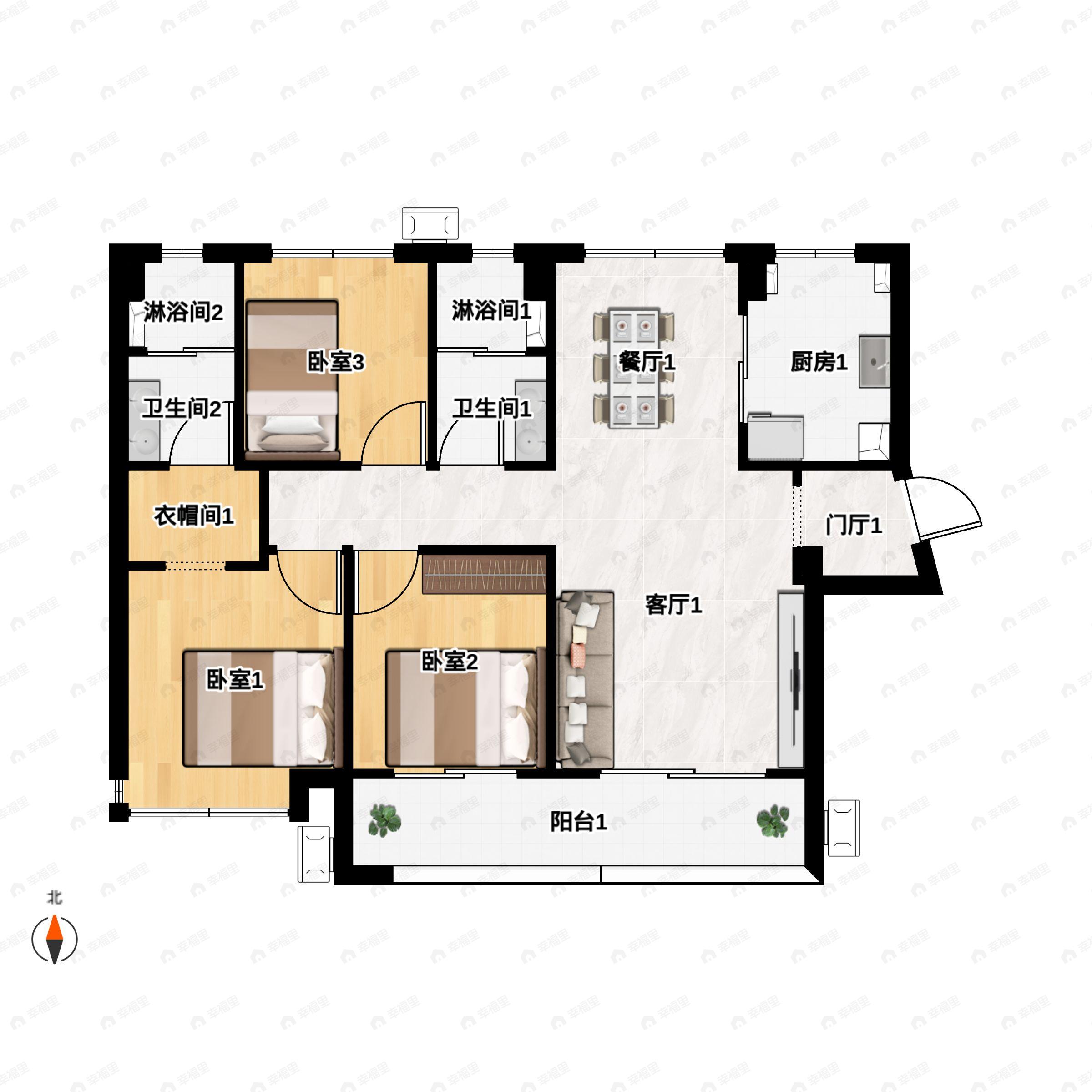 3室2厅2卫建面104平西北户型图