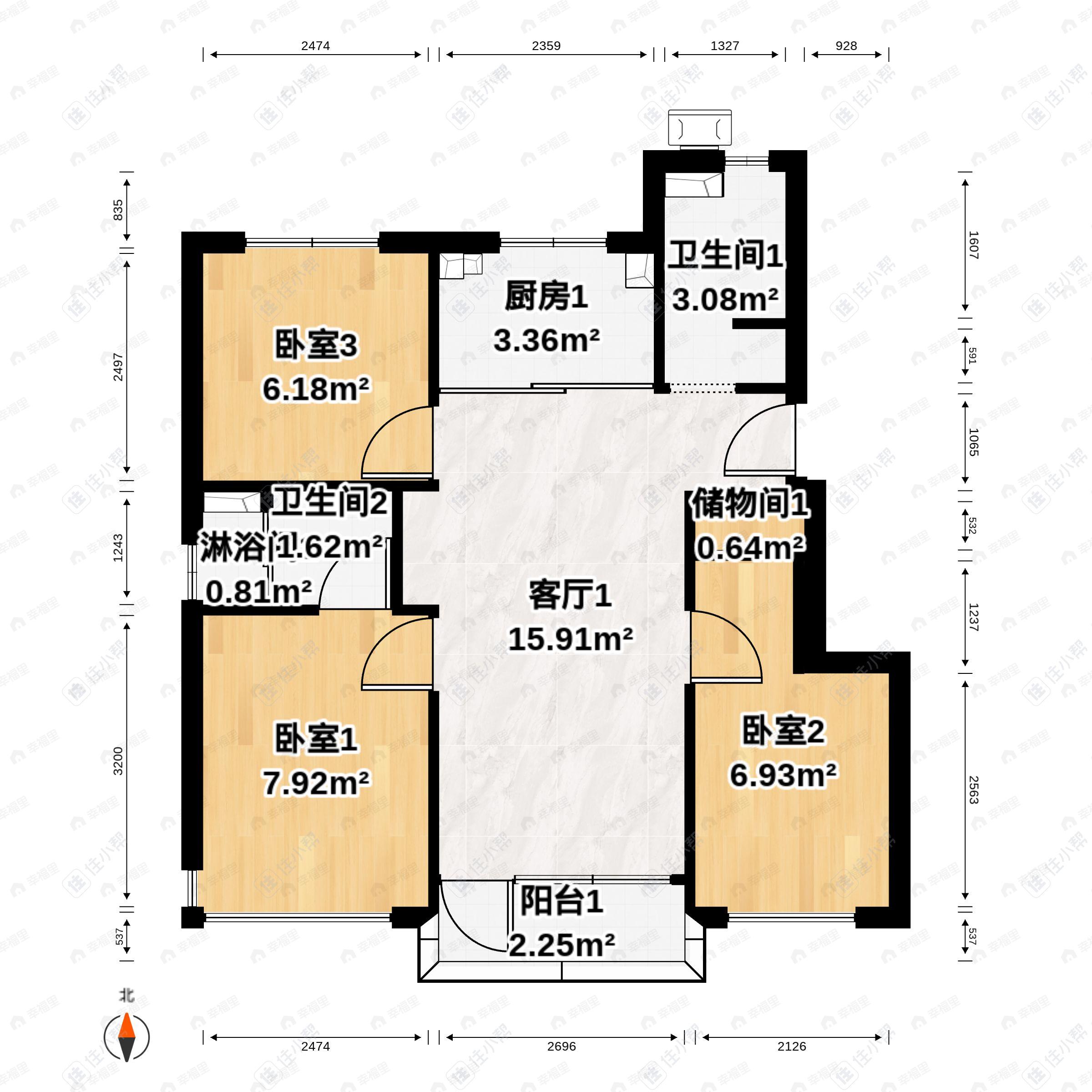 3室2厅2卫建面96平南|北户型图