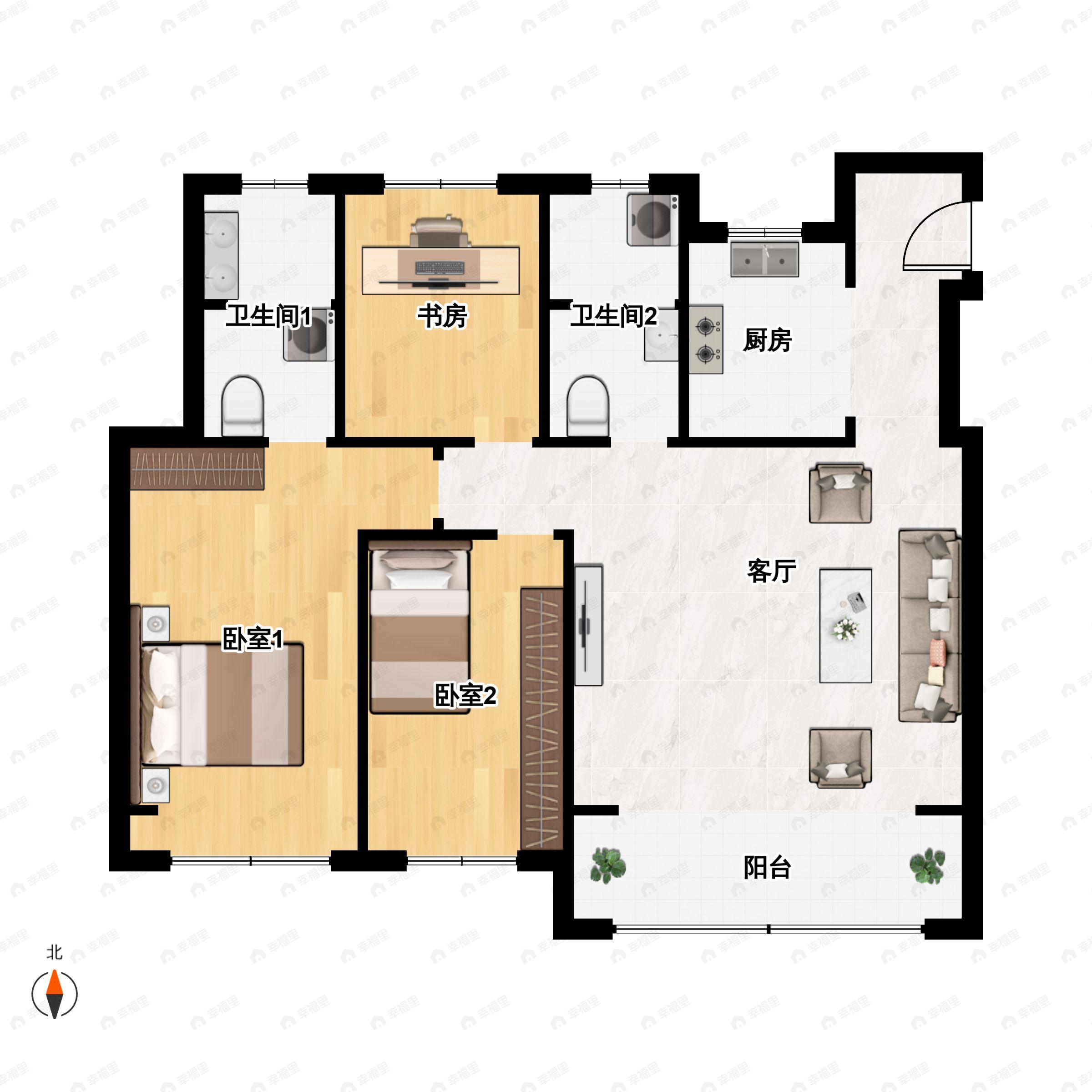 3室2厅2卫建面114m²南户型图