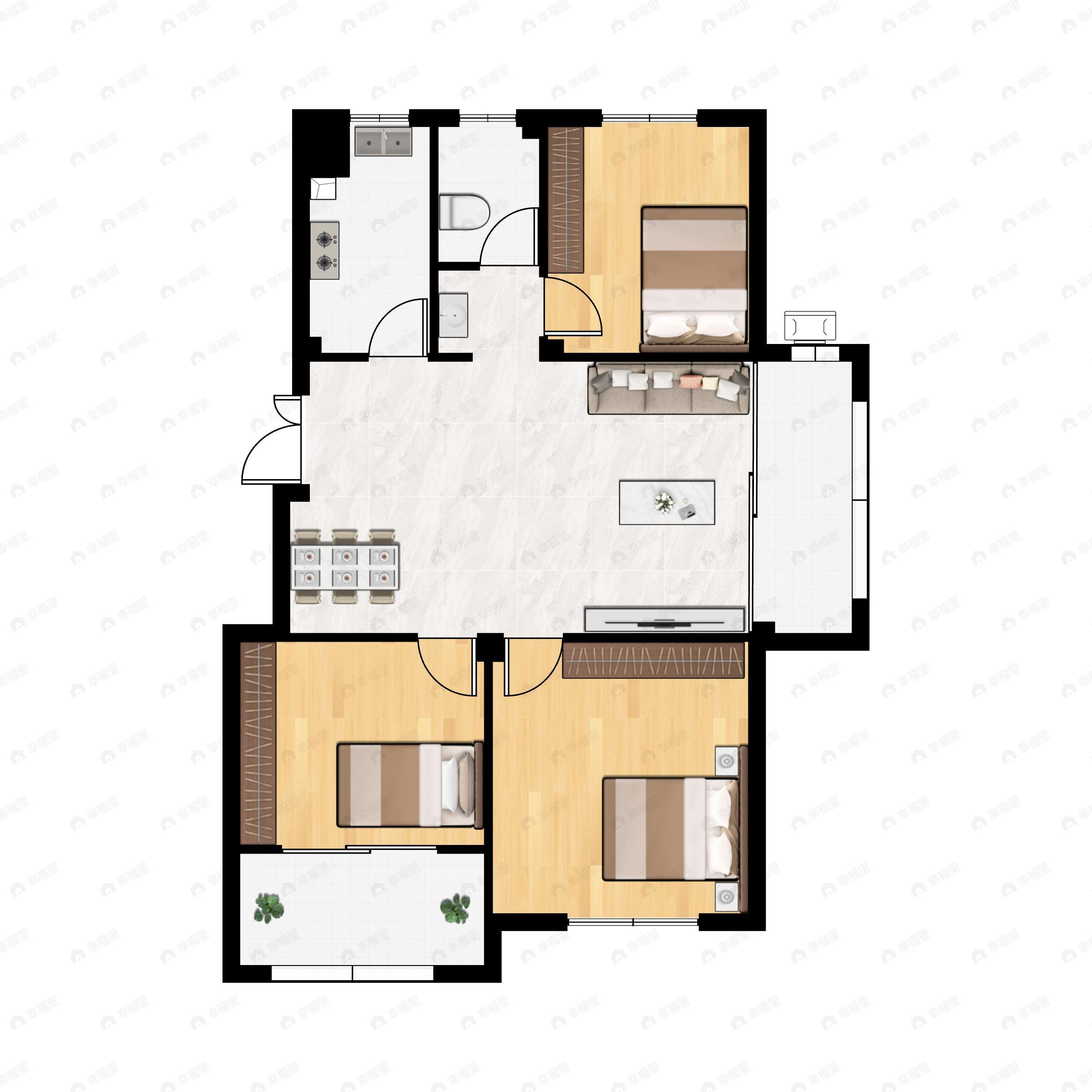 3室2厅1卫建面107平户型图
