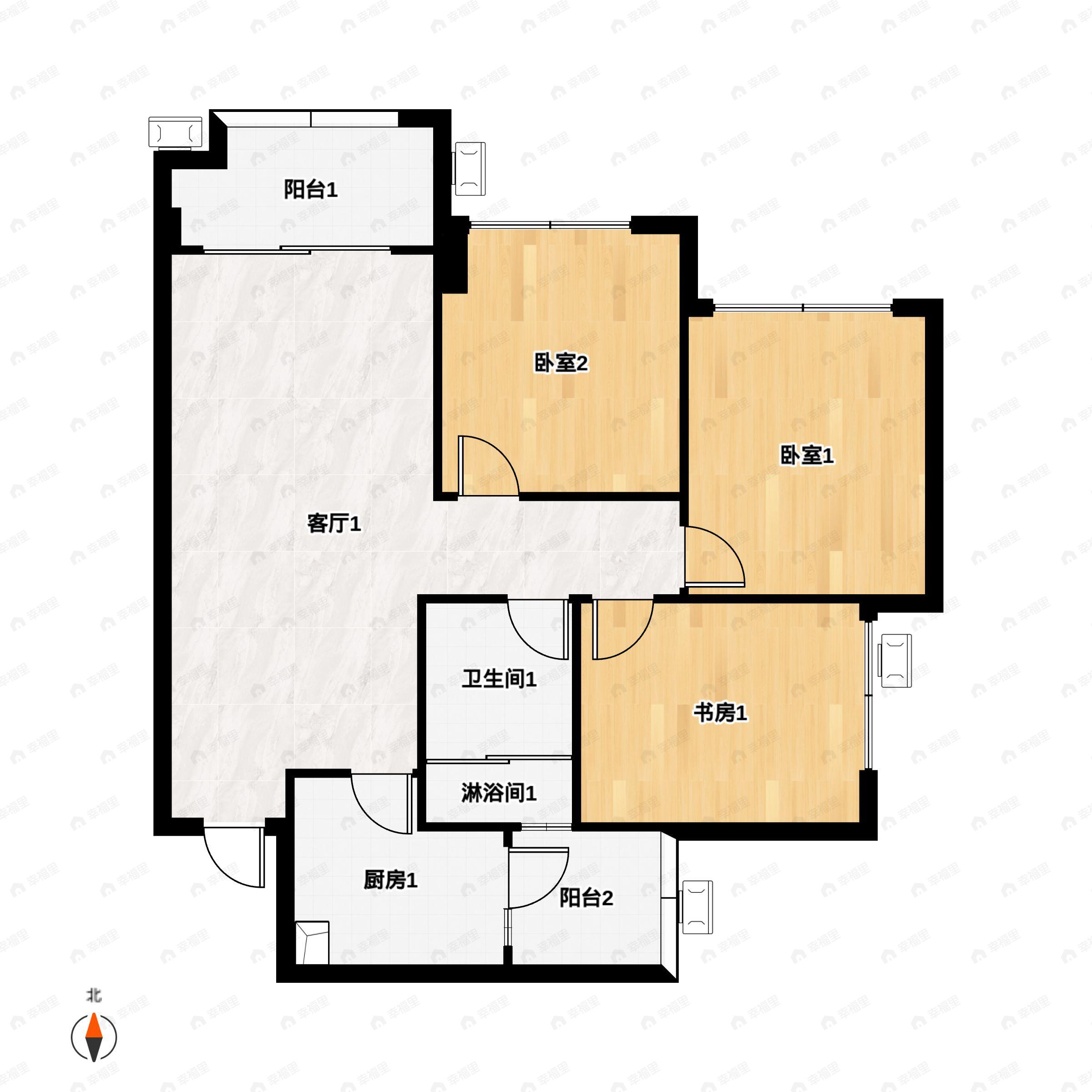 3室2厅1卫建面76平南户型图