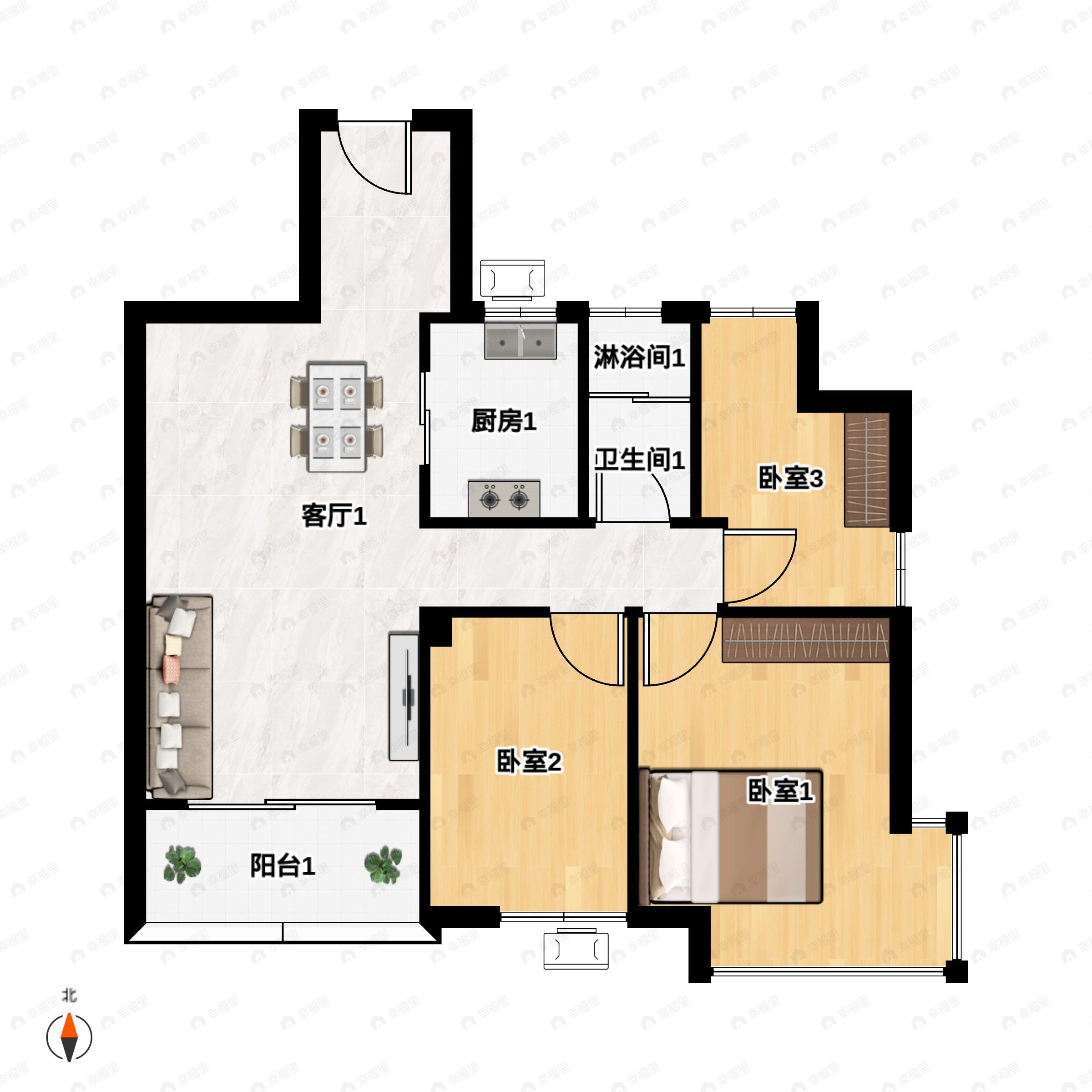 3室2厅1卫建面89平户型图