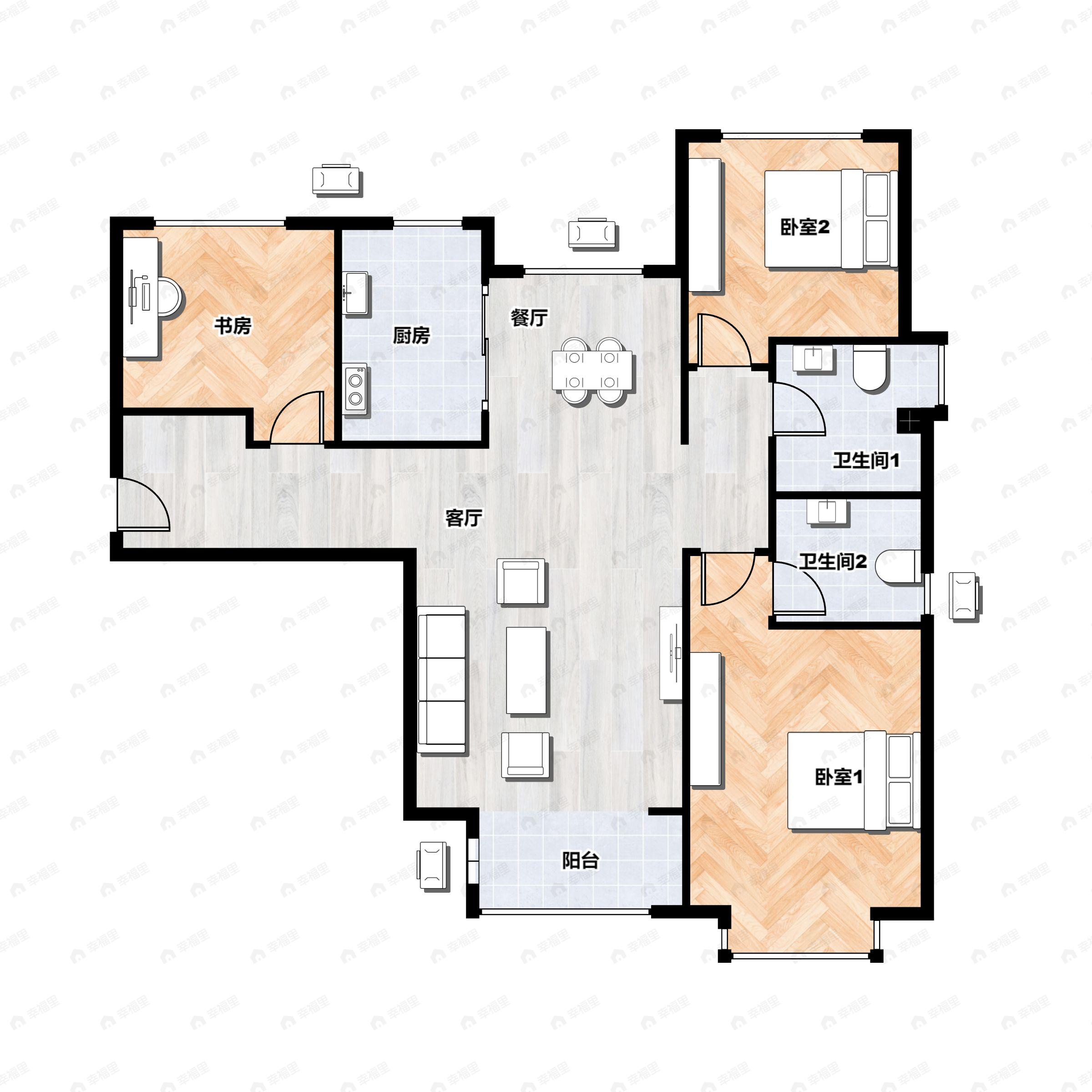 3室2厅2卫建面120平南|北户型图