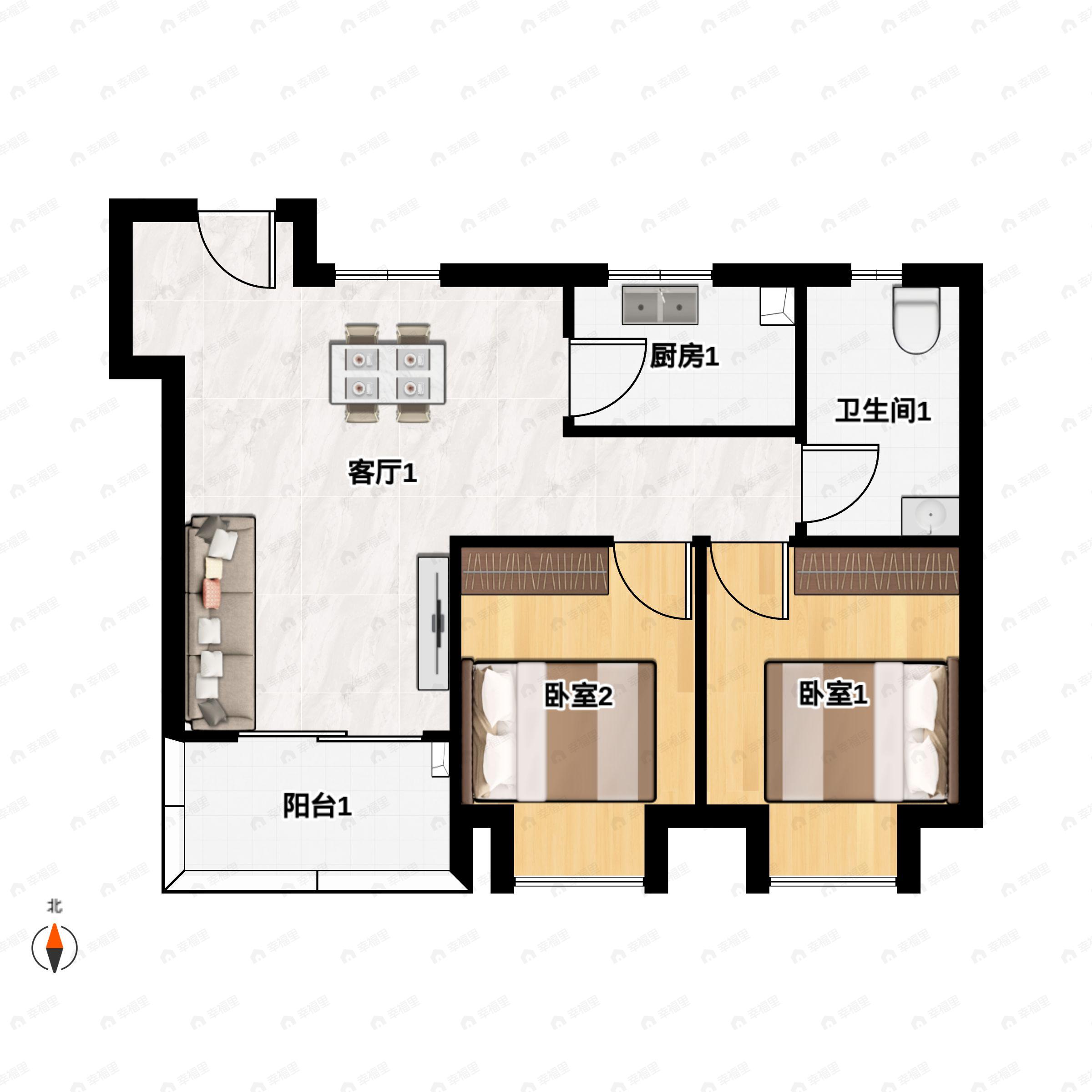 2室2厅1卫建面77m²南户型图