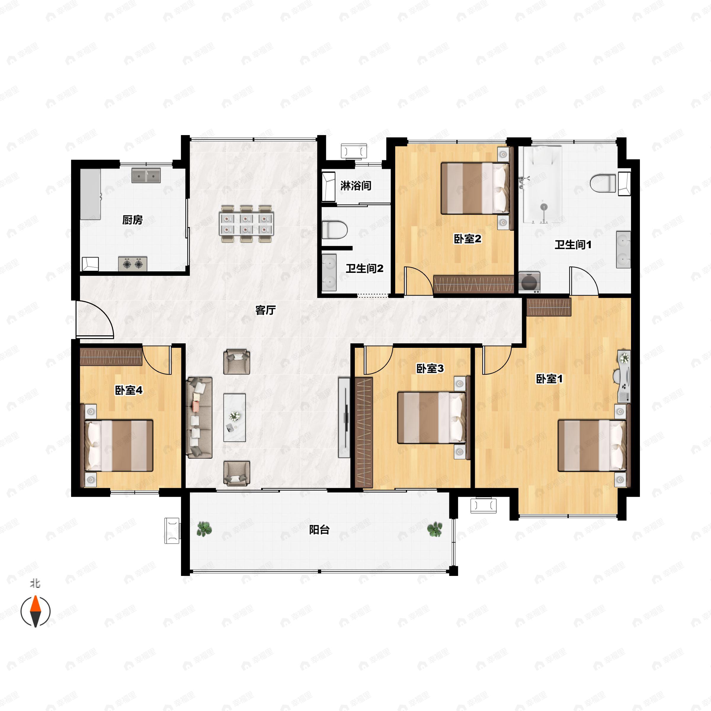 4室2厅2卫建面135平南|北户型图