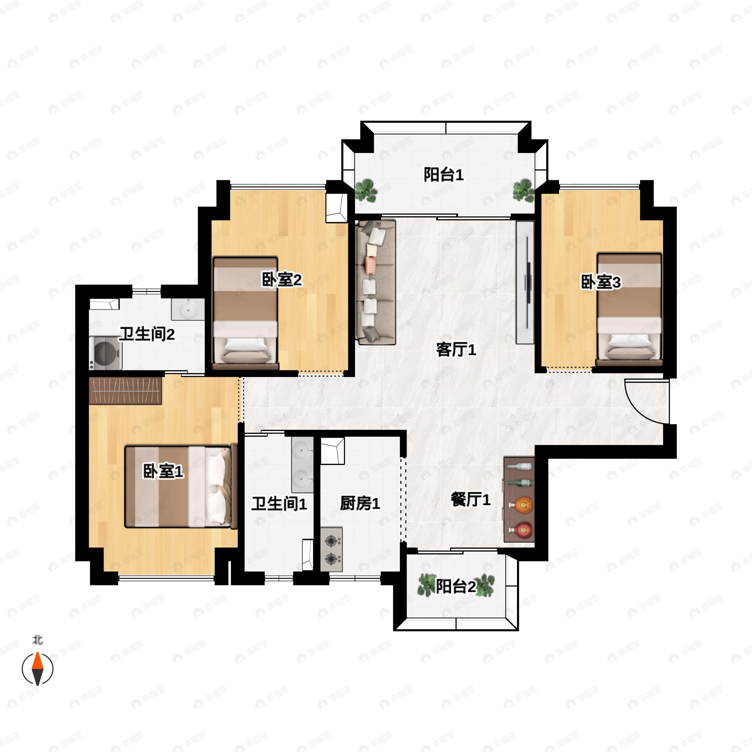 3室2厅2卫建面105m²北户型图