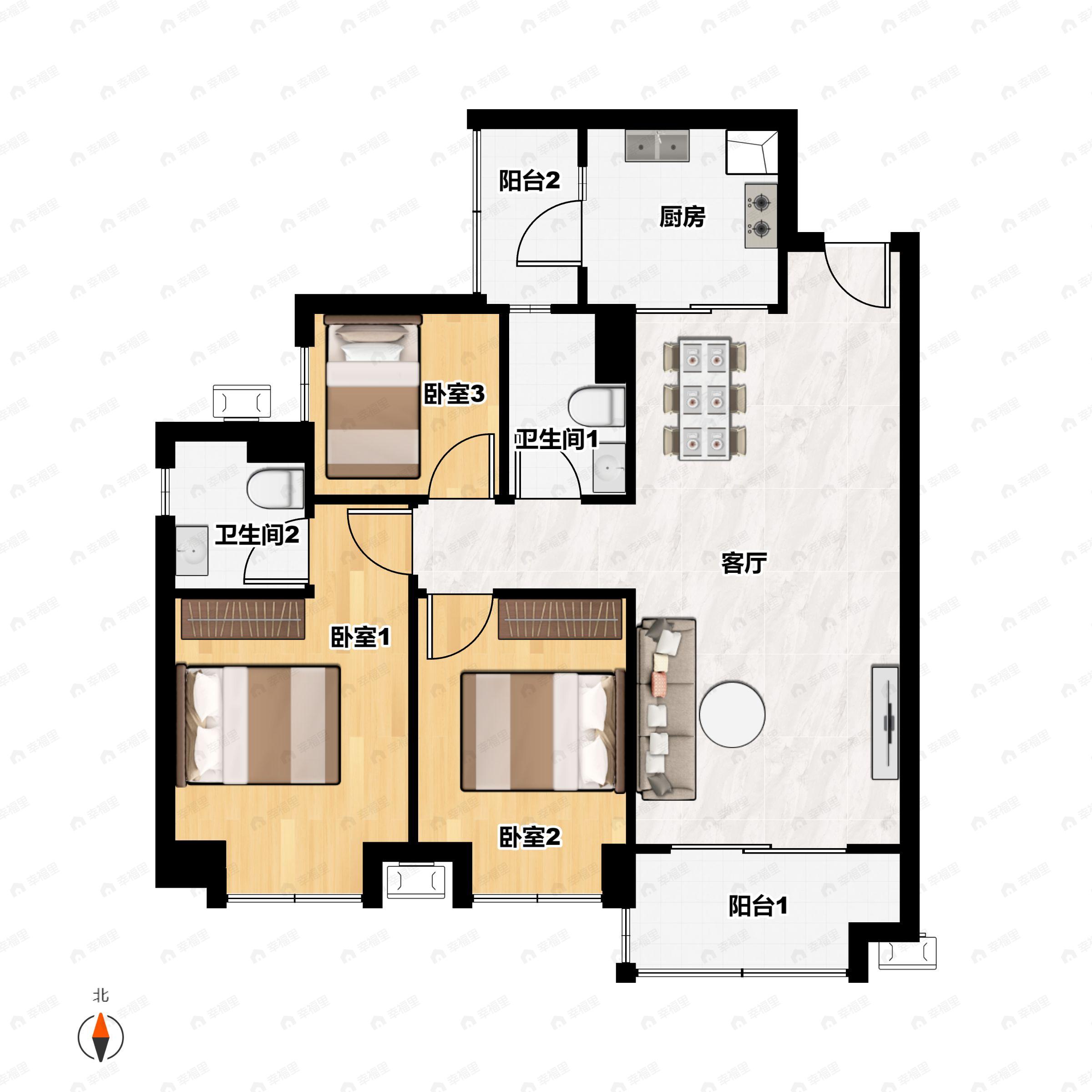 3室2厅2卫建面105平南户型图