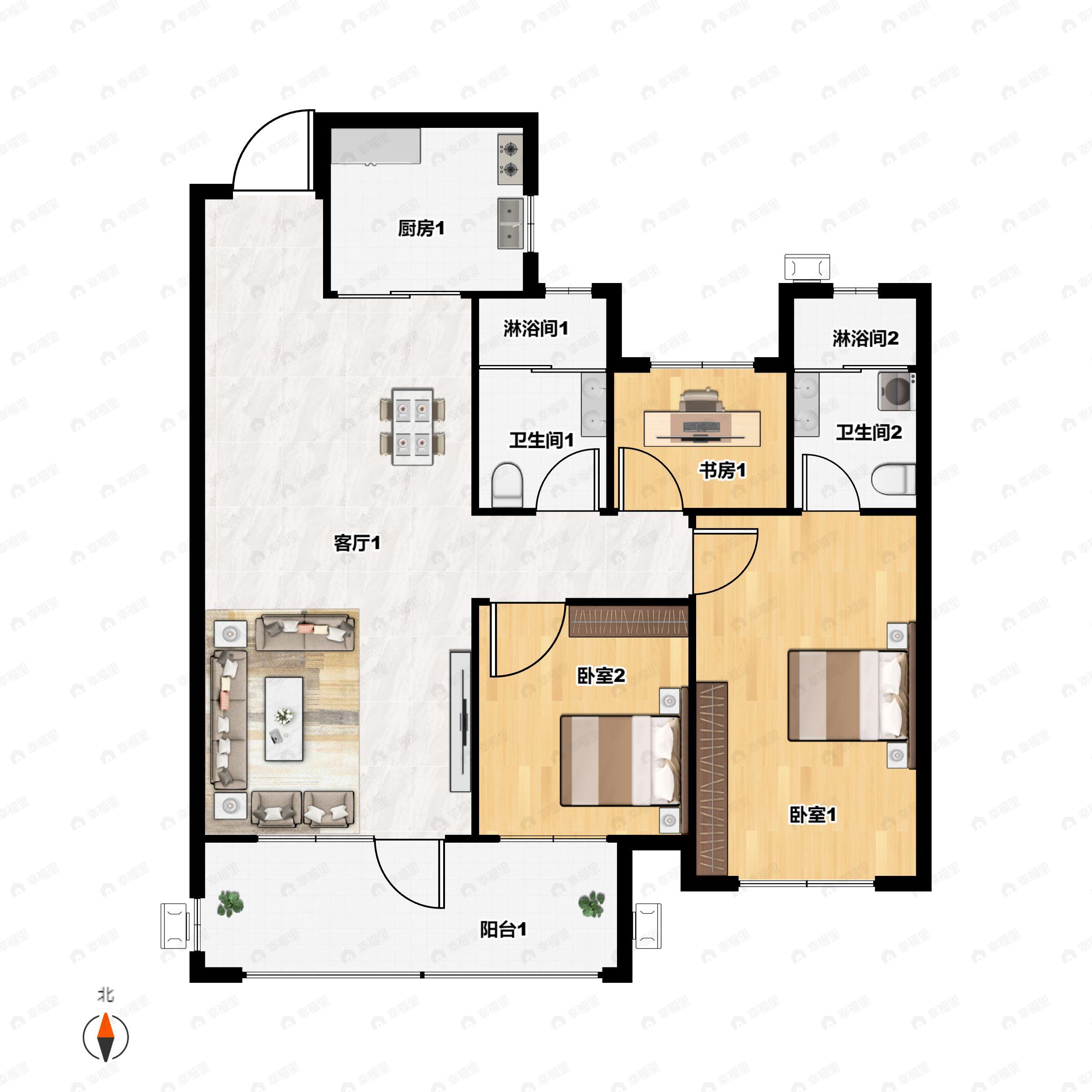 3室2厅2卫建面109m²南户型图
