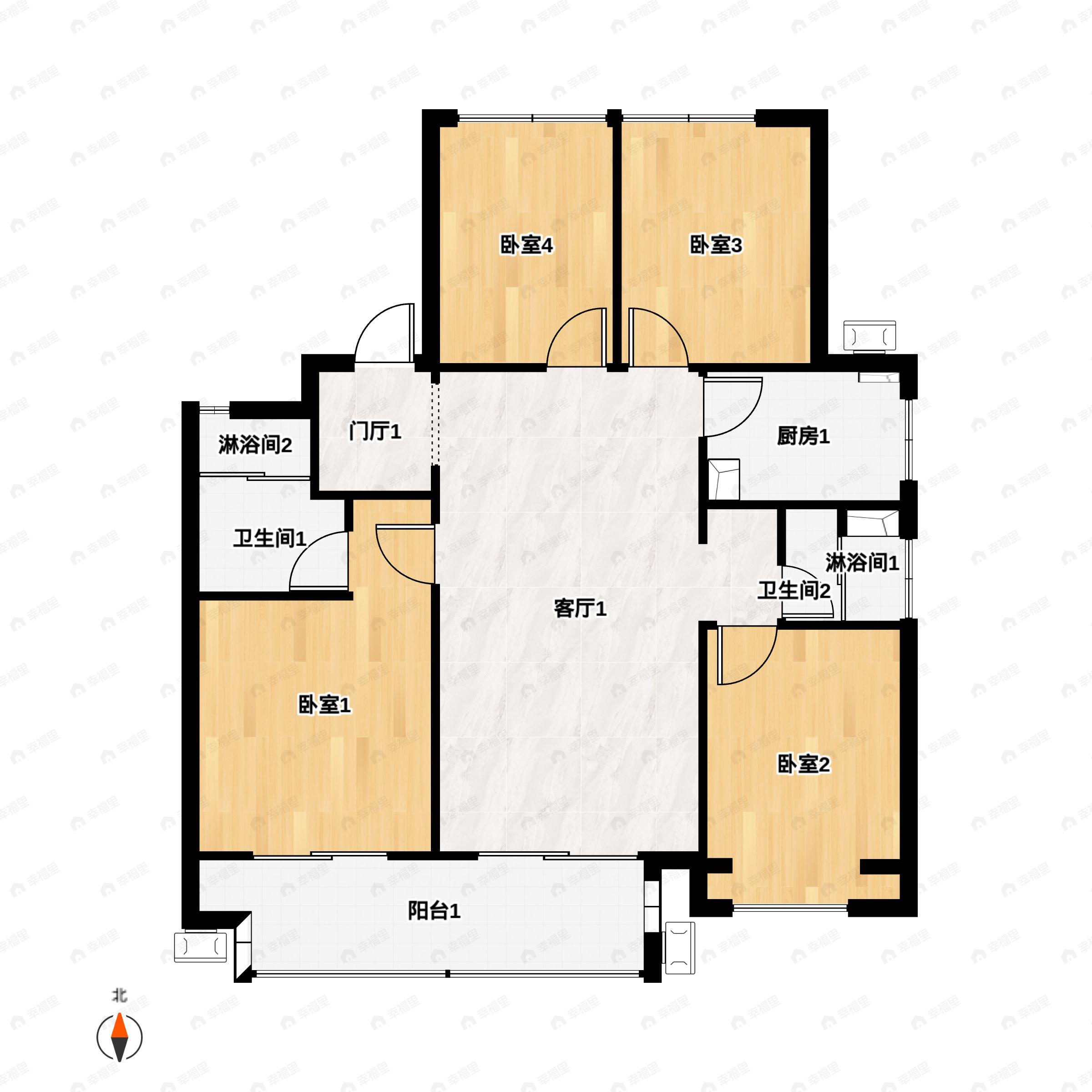 4室2厅2卫建面143平北|南户型图