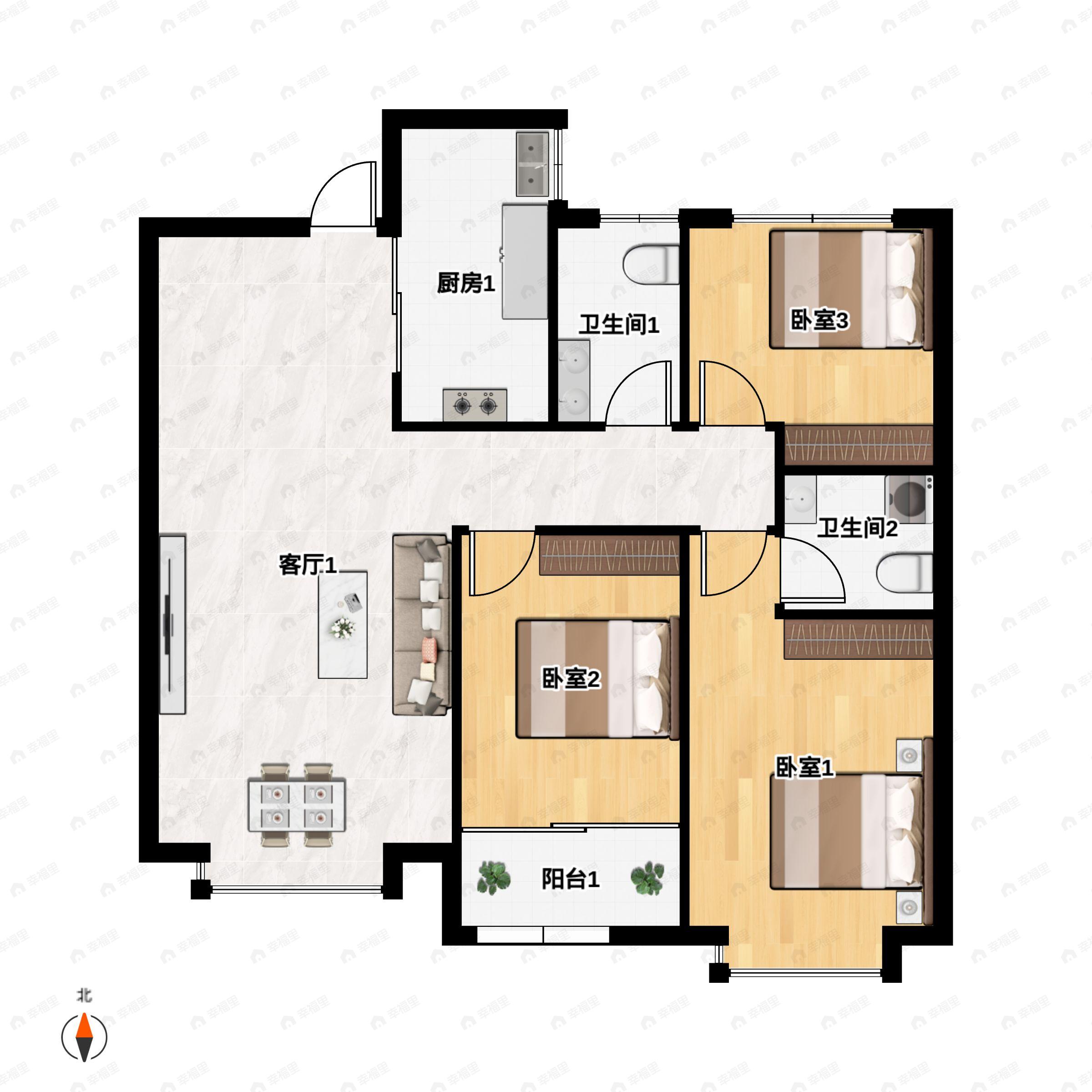 一世界书香华府3室2厅2卫户型图
