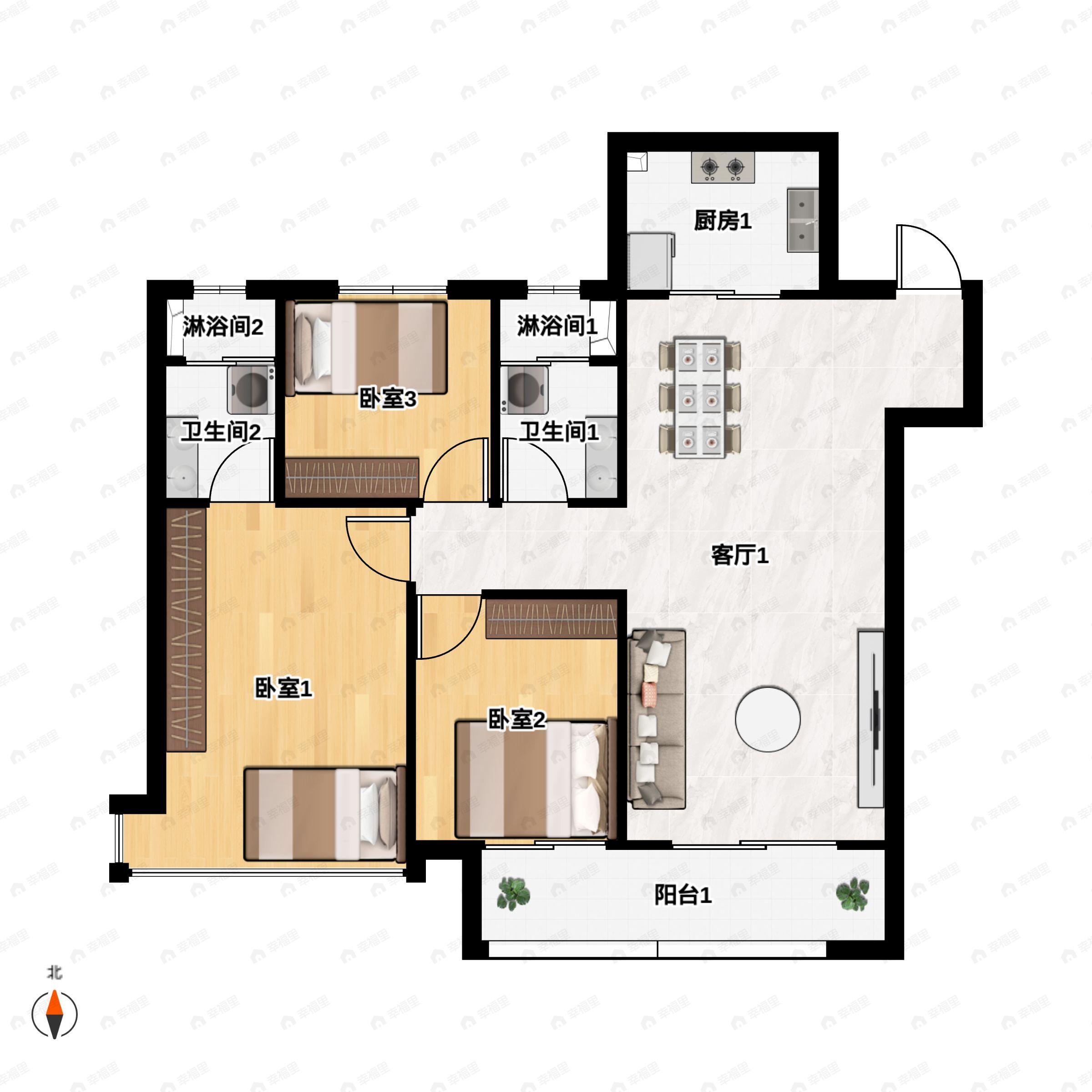 3室2厅2卫建面135平南户型图