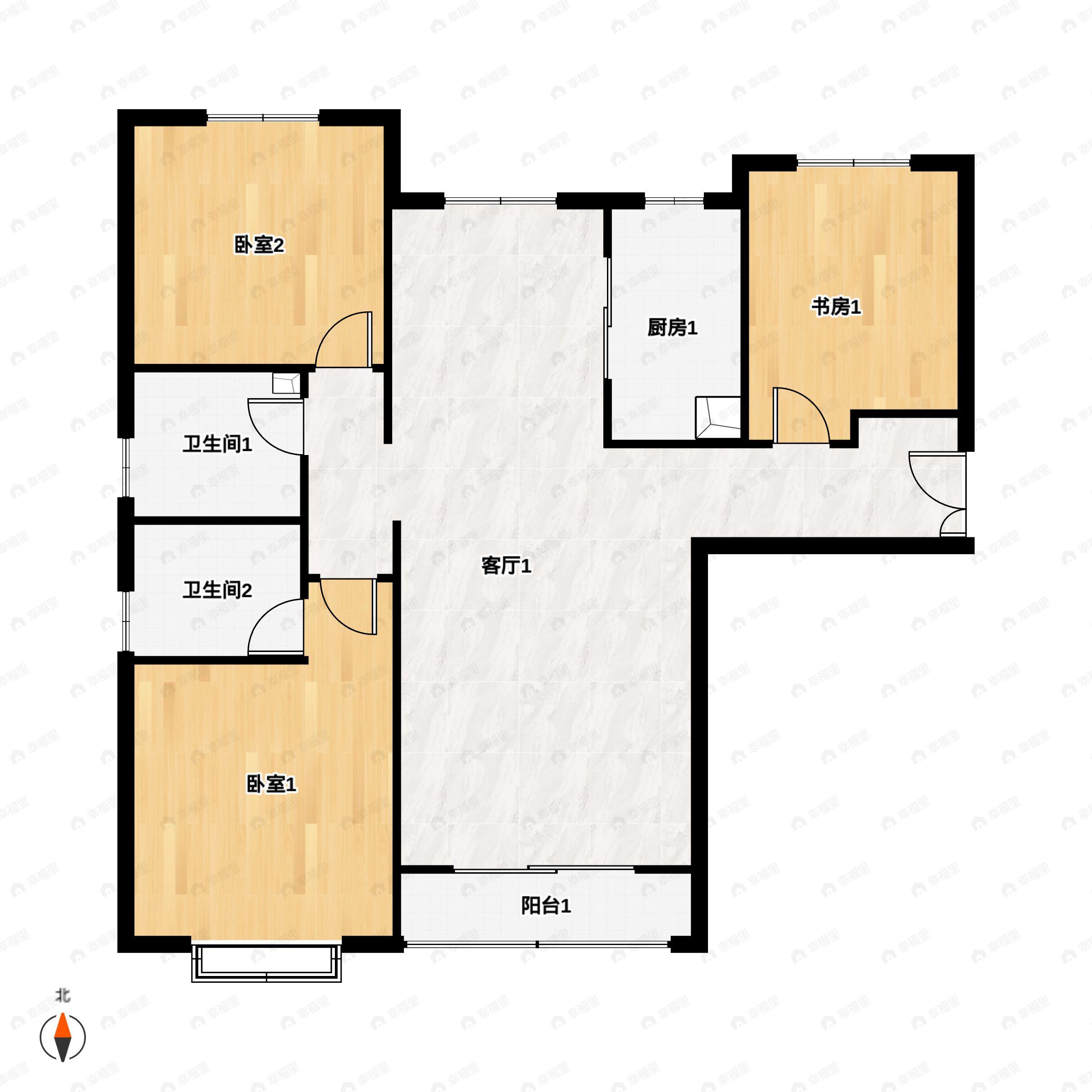 2室2厅1卫建面87m²南户型图