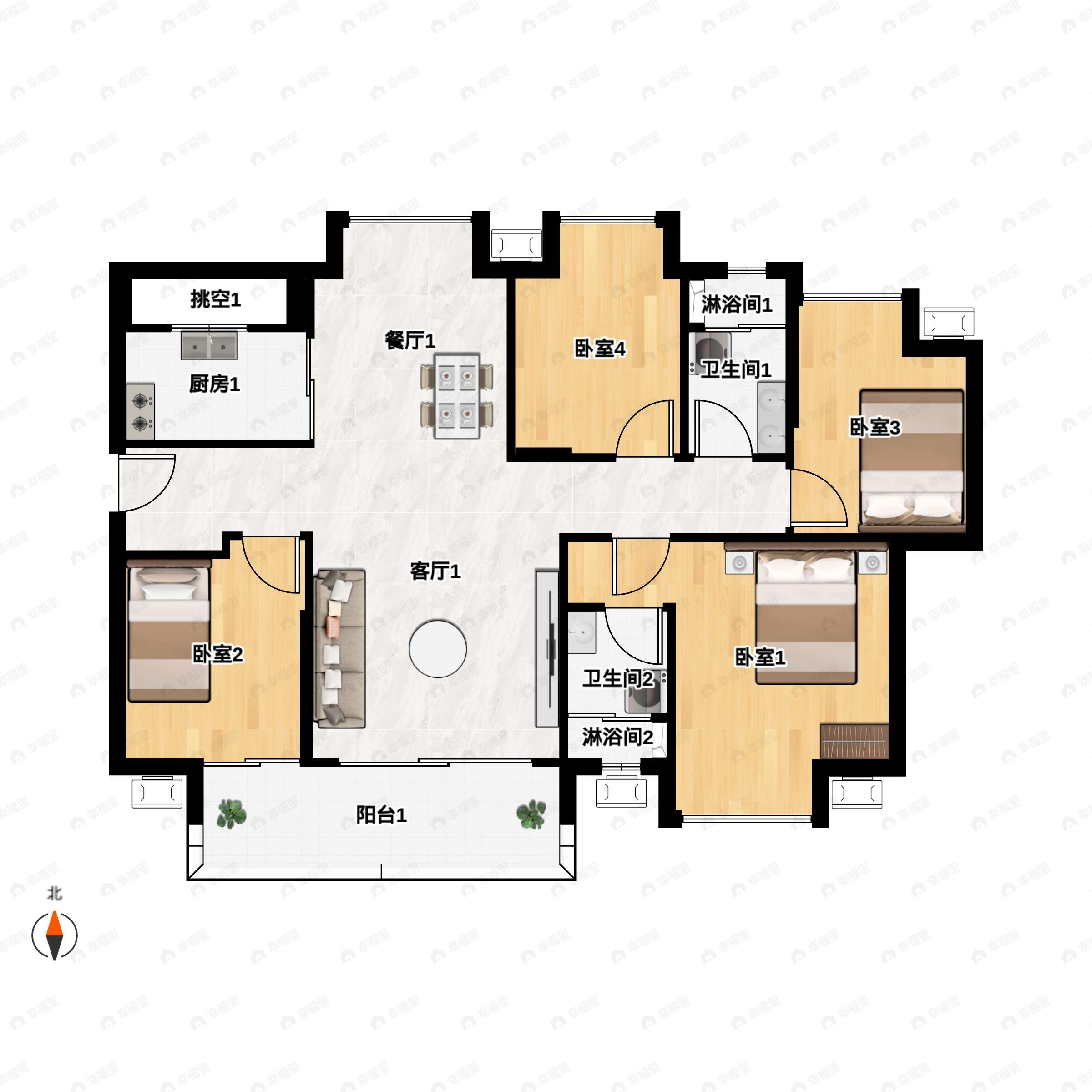 3室2厅2卫建面123m²南户型图