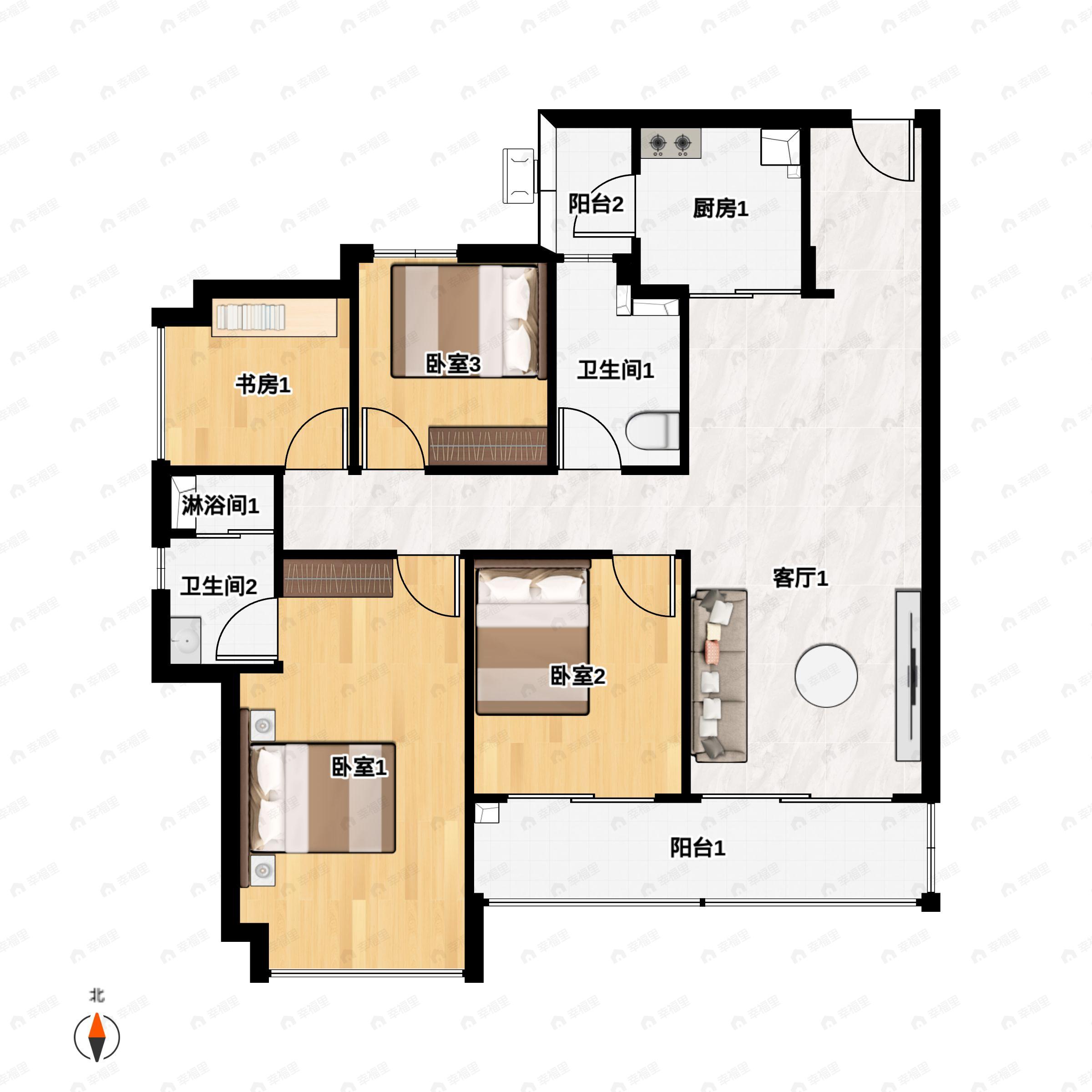 4室2厅2卫建面128平户型图