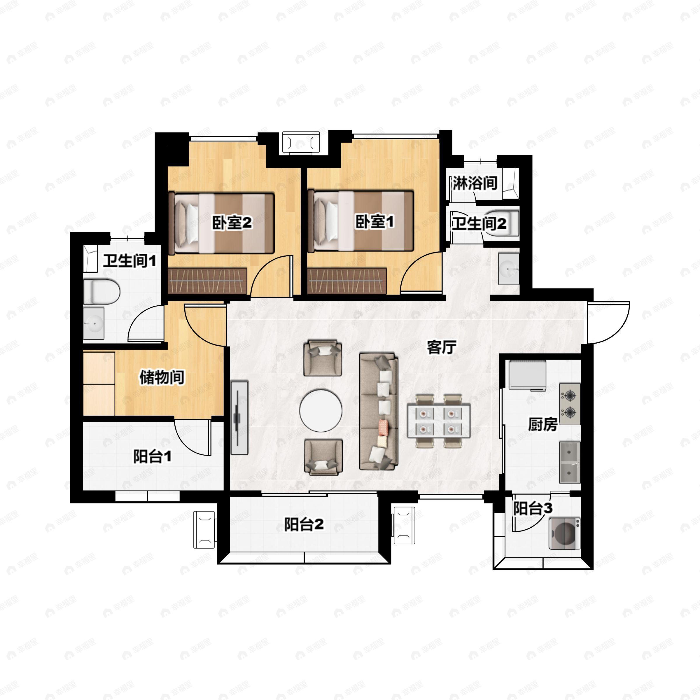 2室2厅2卫建面104m²南户型图