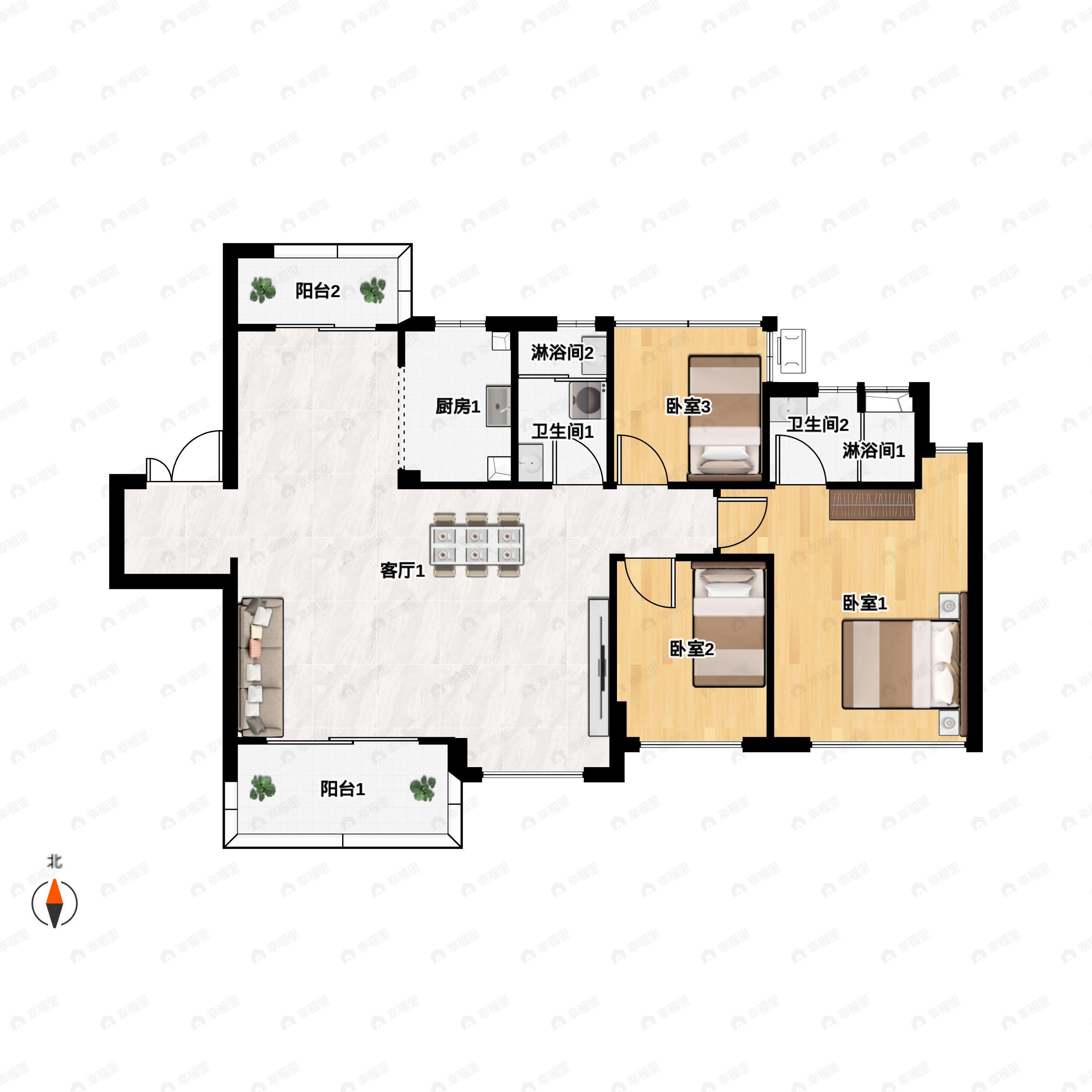 4室2厅2卫建面120平南|北户型图