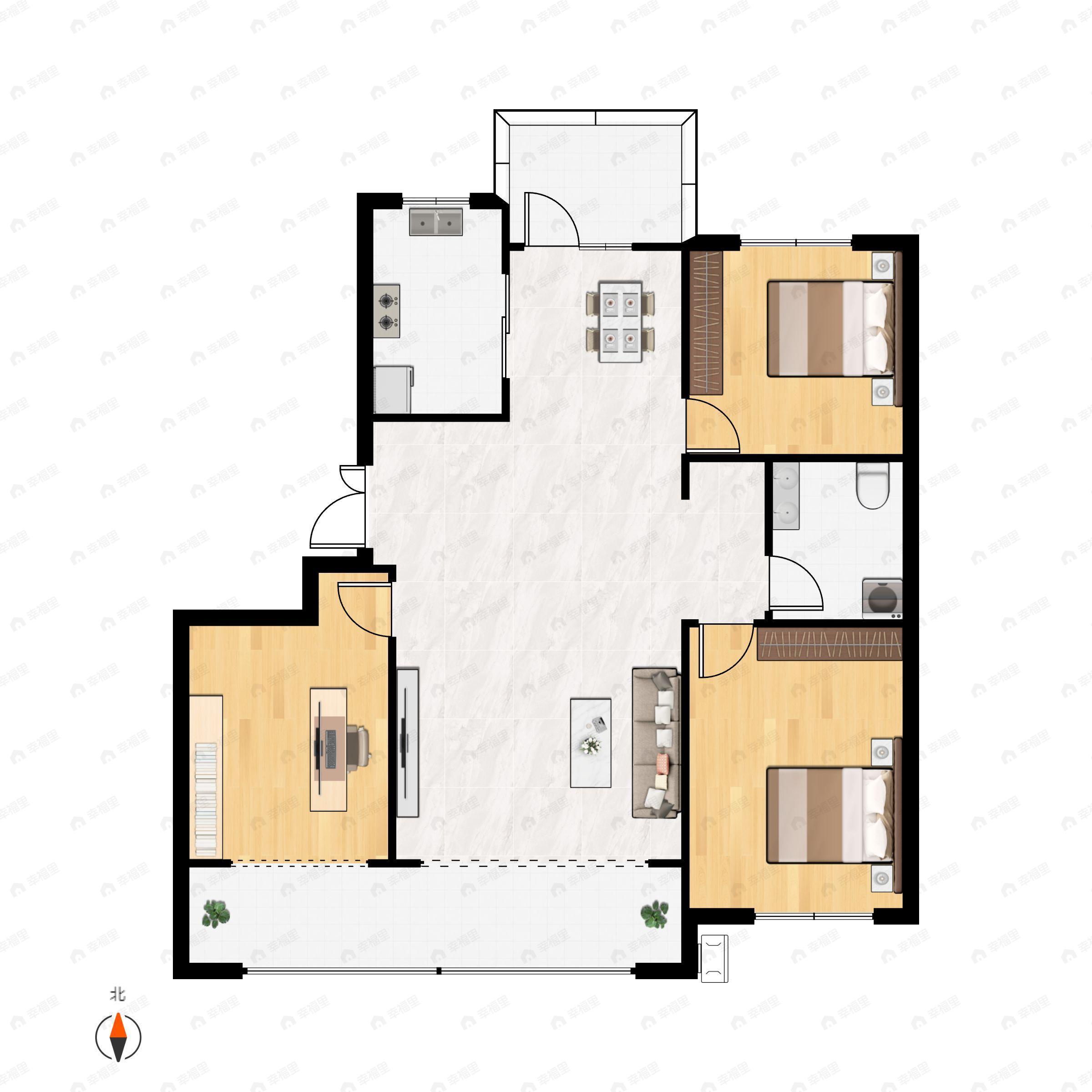3室2厅1卫建面106m²南户型图