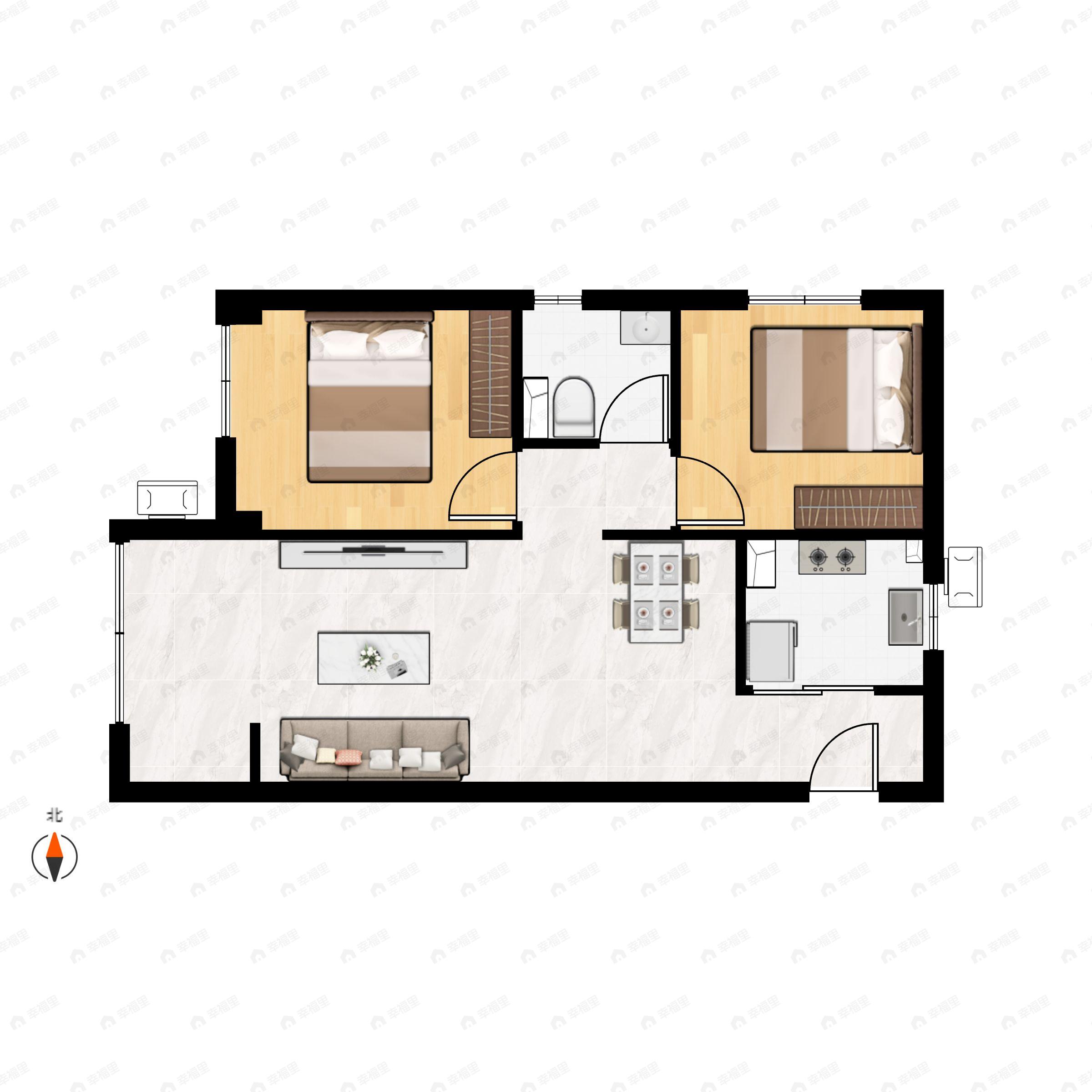 2室2厅1卫建面80平东户型图