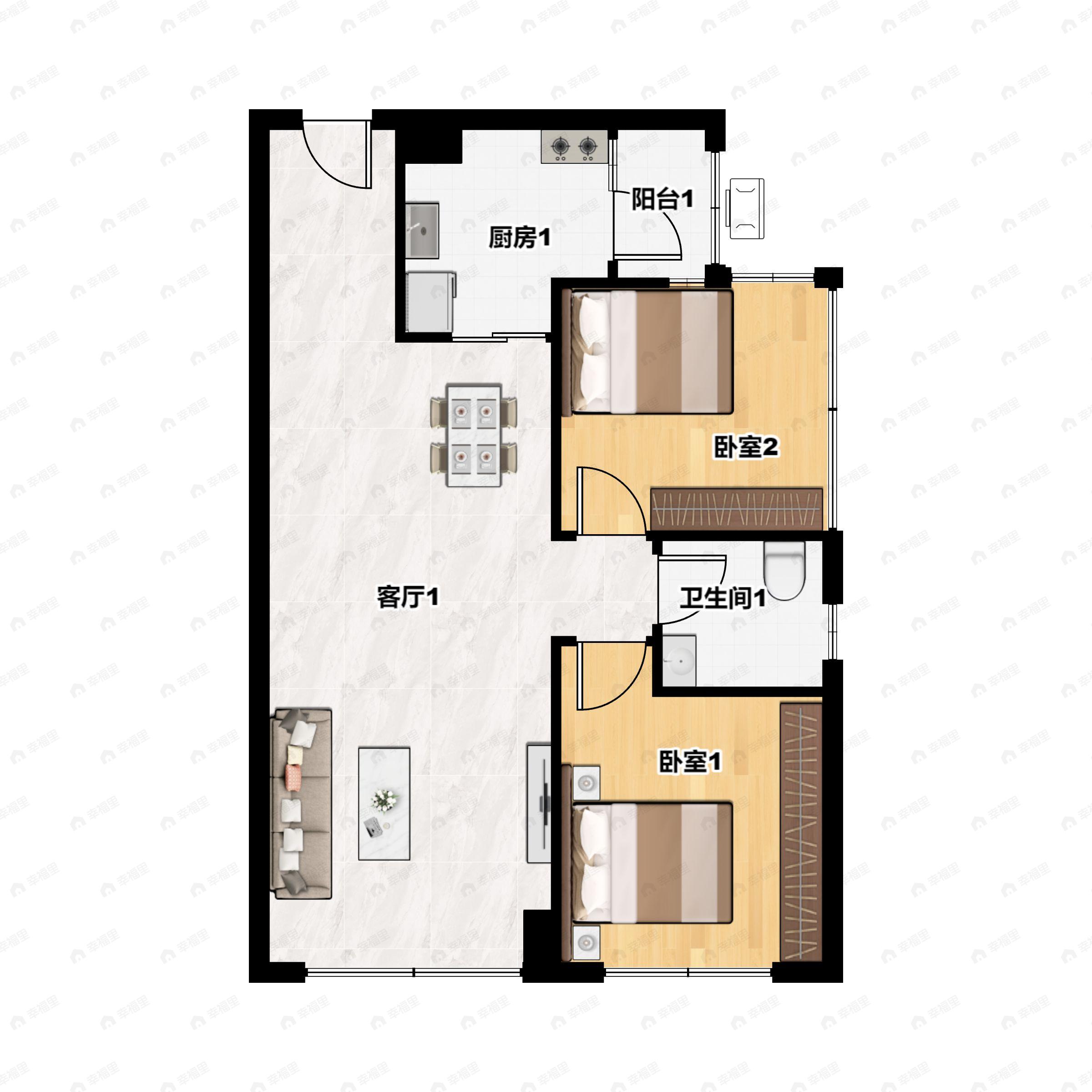2室2厅1卫建面64平户型图