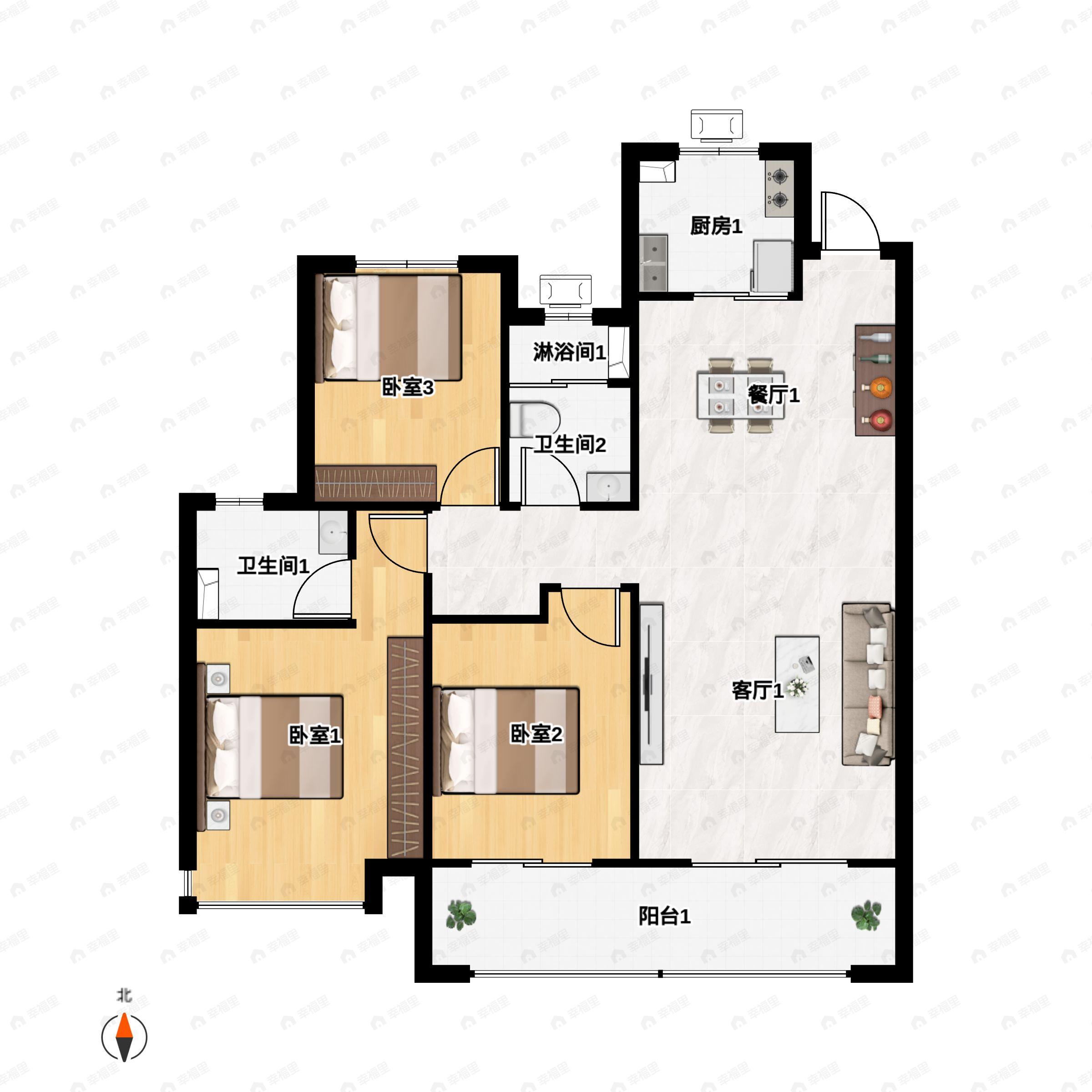3室2厅2卫建面117平南户型图