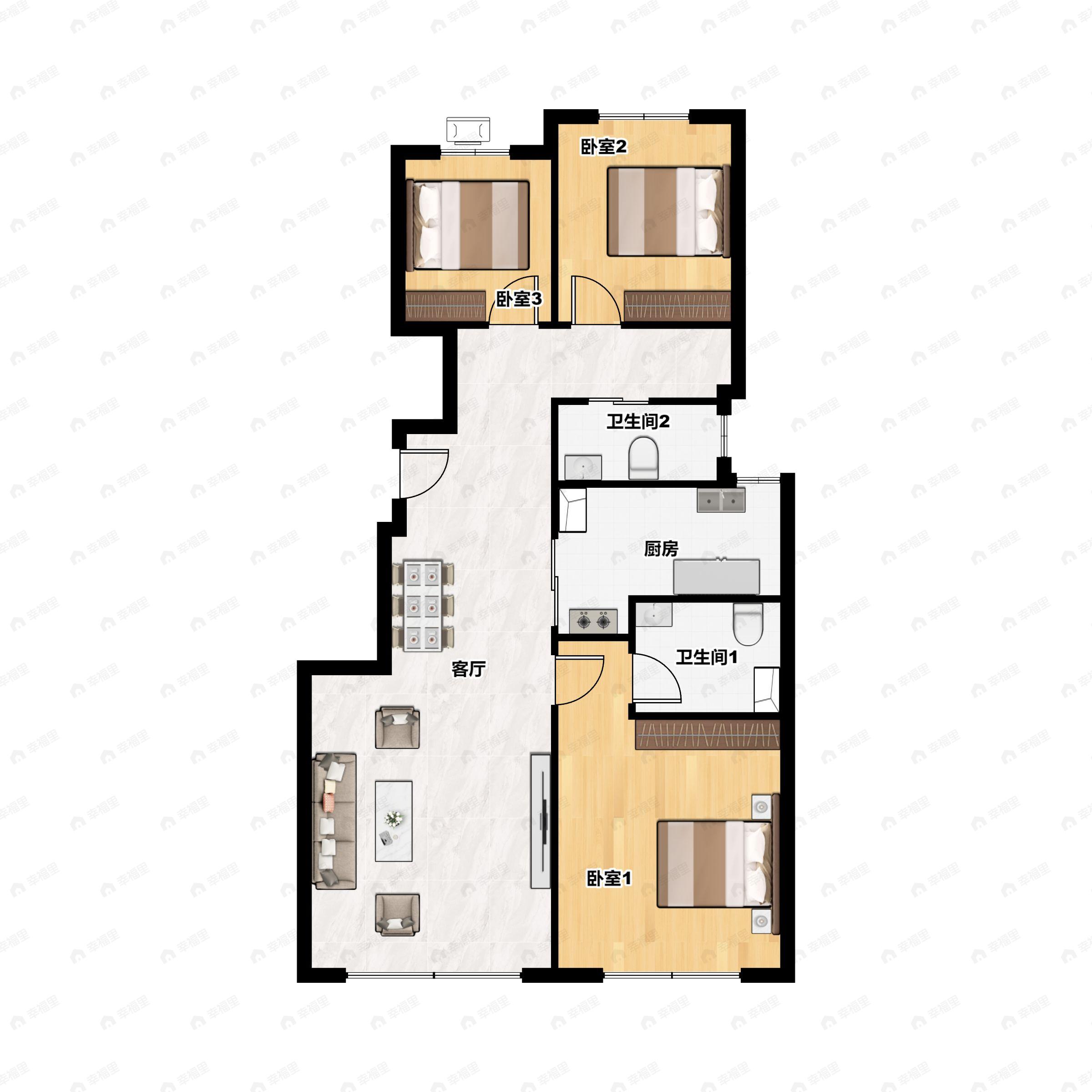 3室2厅2卫建面93平南|北户型图